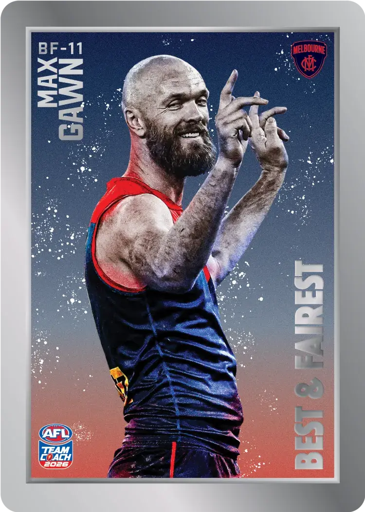 AFL 2026 Teamcoach Best & Fairest Silver trading card of Max Gawn.