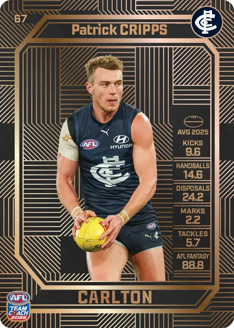AFL 2026 Teamcoach Base Bronze trading card of Patrick Cripps.
