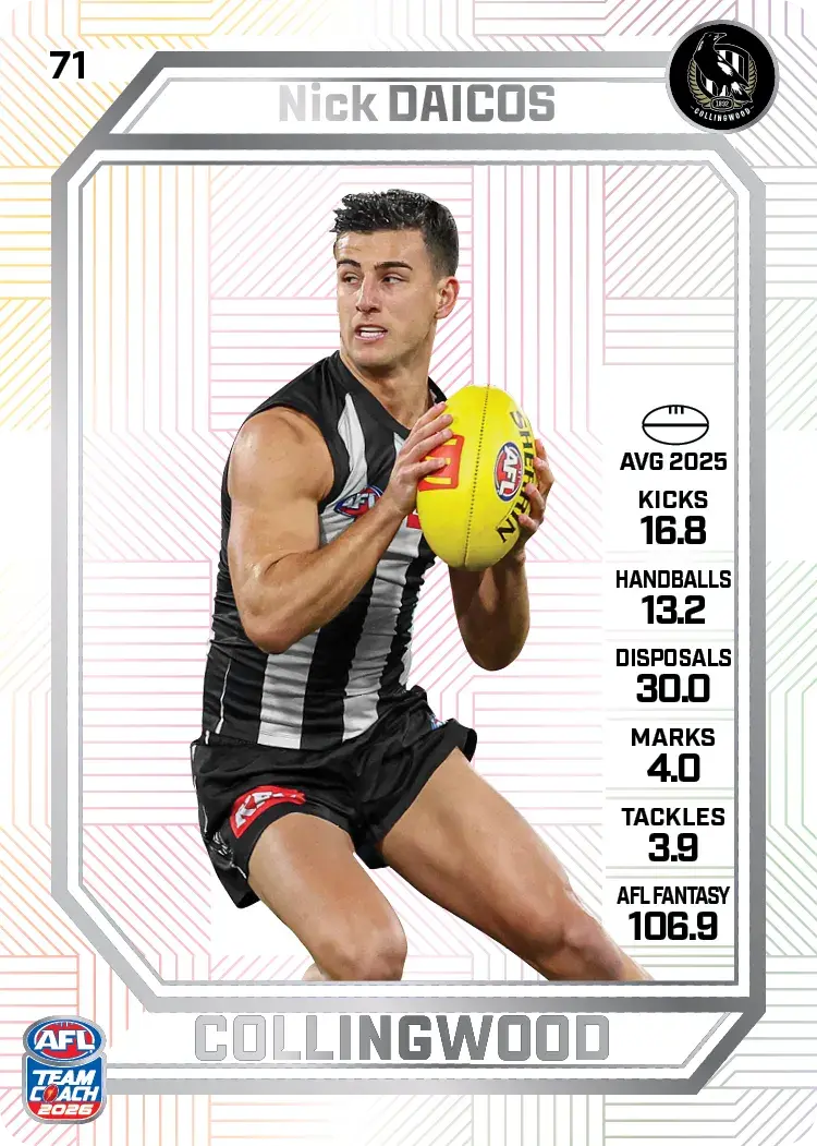 AFL 2026 Teamcoach Base Pearl Trading Card of Nick Daicos.