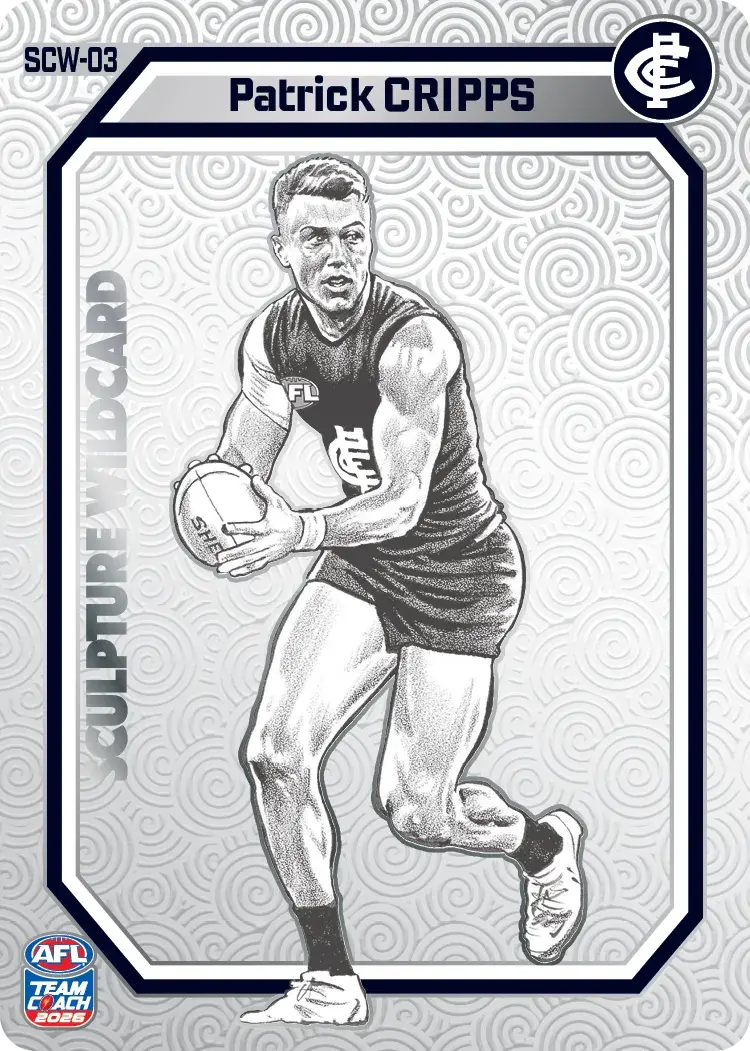 AFL 2026 Teamcoach Sculpture Wildcards Silver trading card of Patrick Cripps.