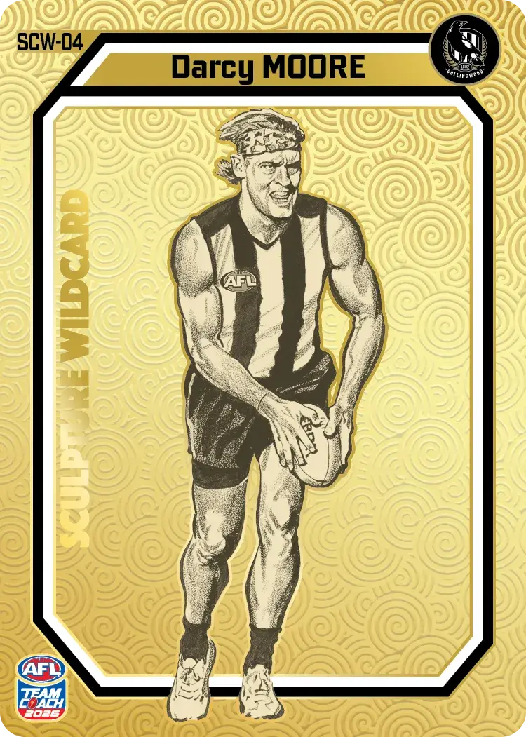 AFL 2026 Teamcoach Sculpture Wildcards Gold trading card of Darcy Moore.