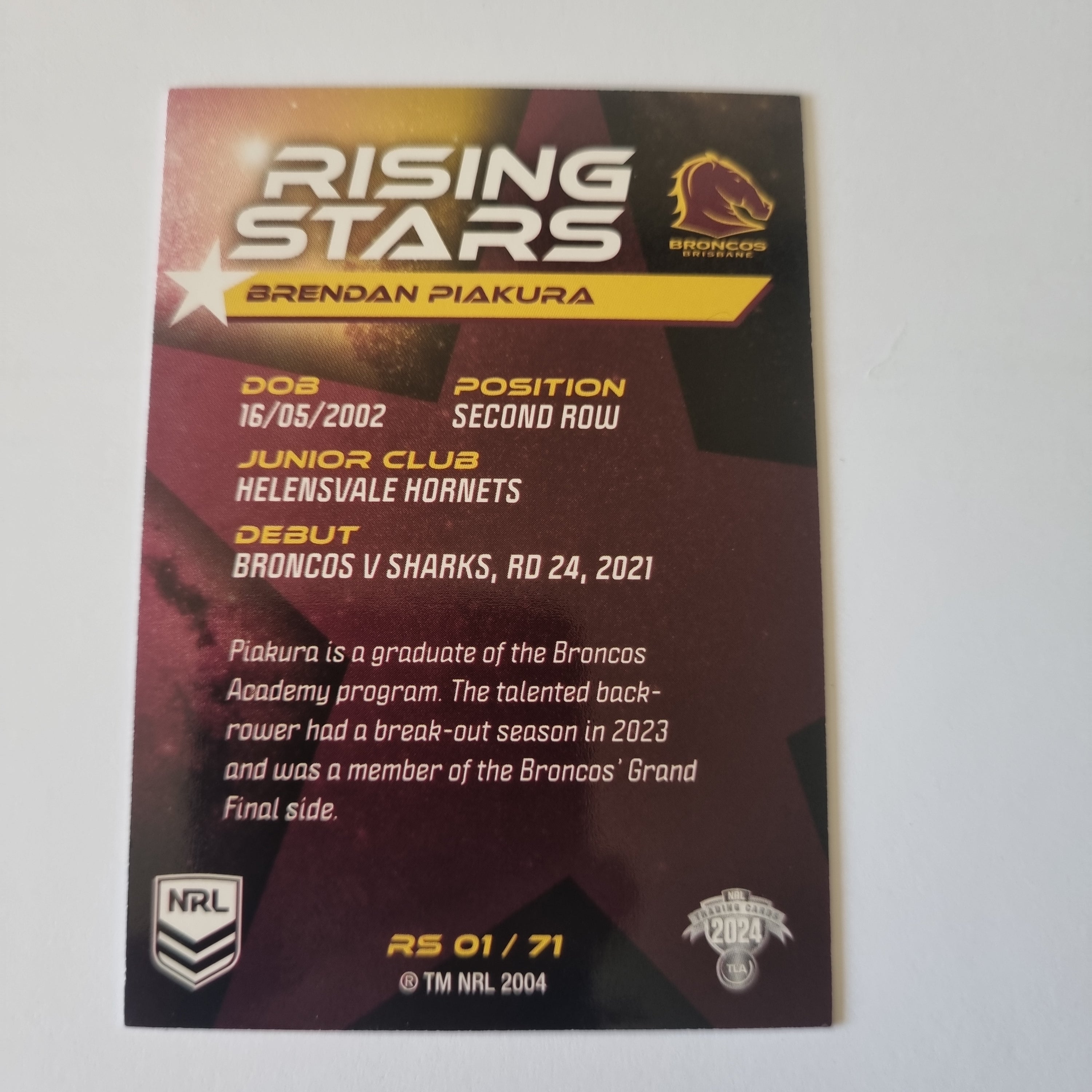 NRL 2024 Traders - Rising Stars - #RS01 - Brendan Piakura - Broncos