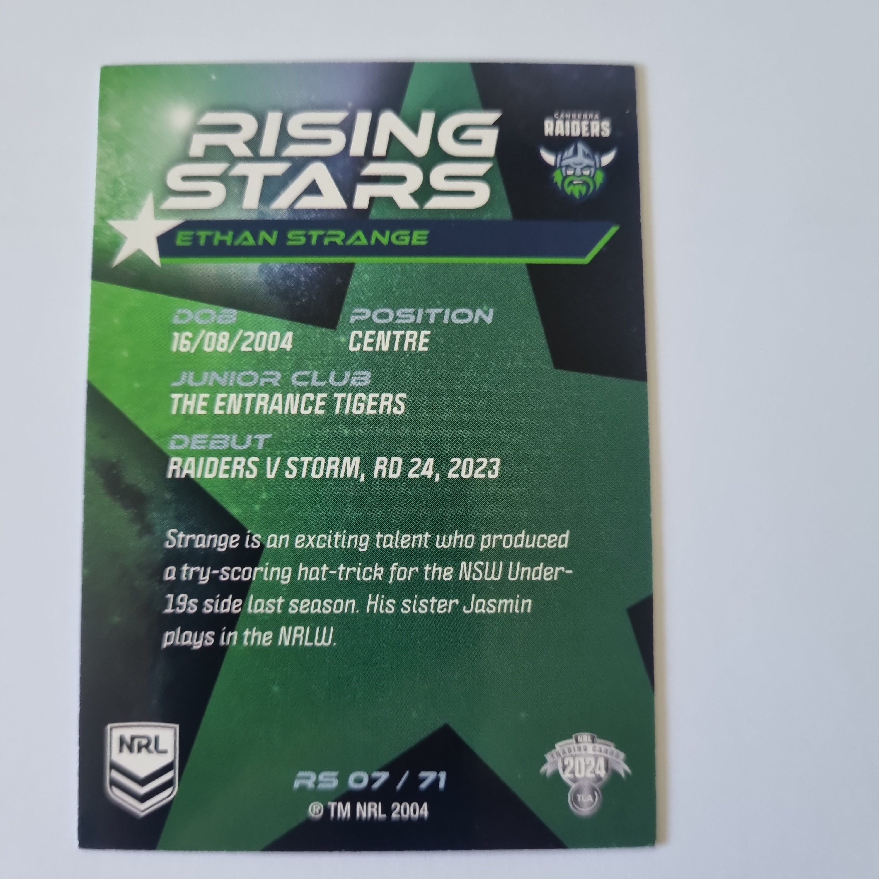NRL 2024 Traders - Rising Stars - #RS07 - Ethan Strange - Raiders