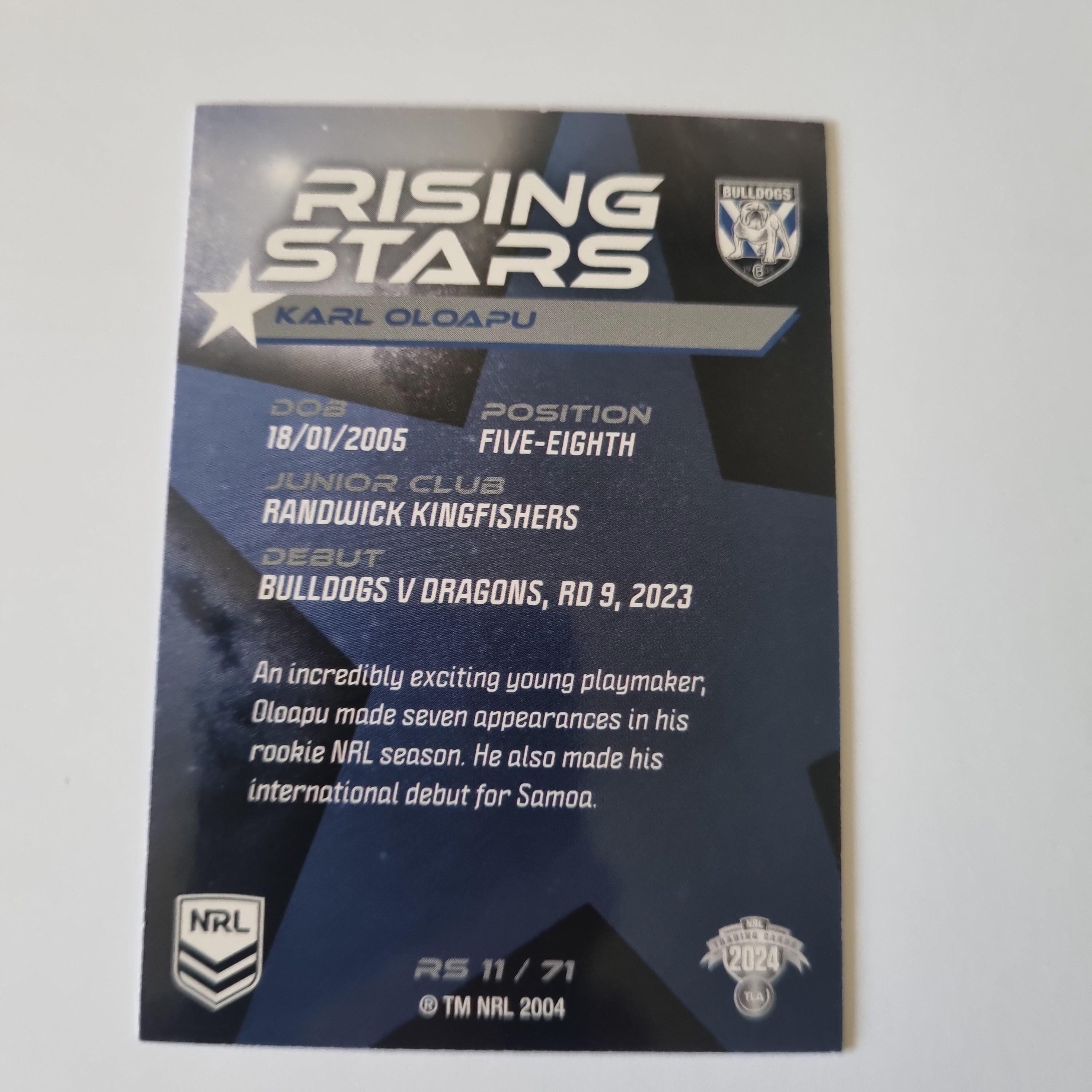 NRL 2024 Traders - Rising Stars - #RS11 - Karl Oloapu - Bulldogs