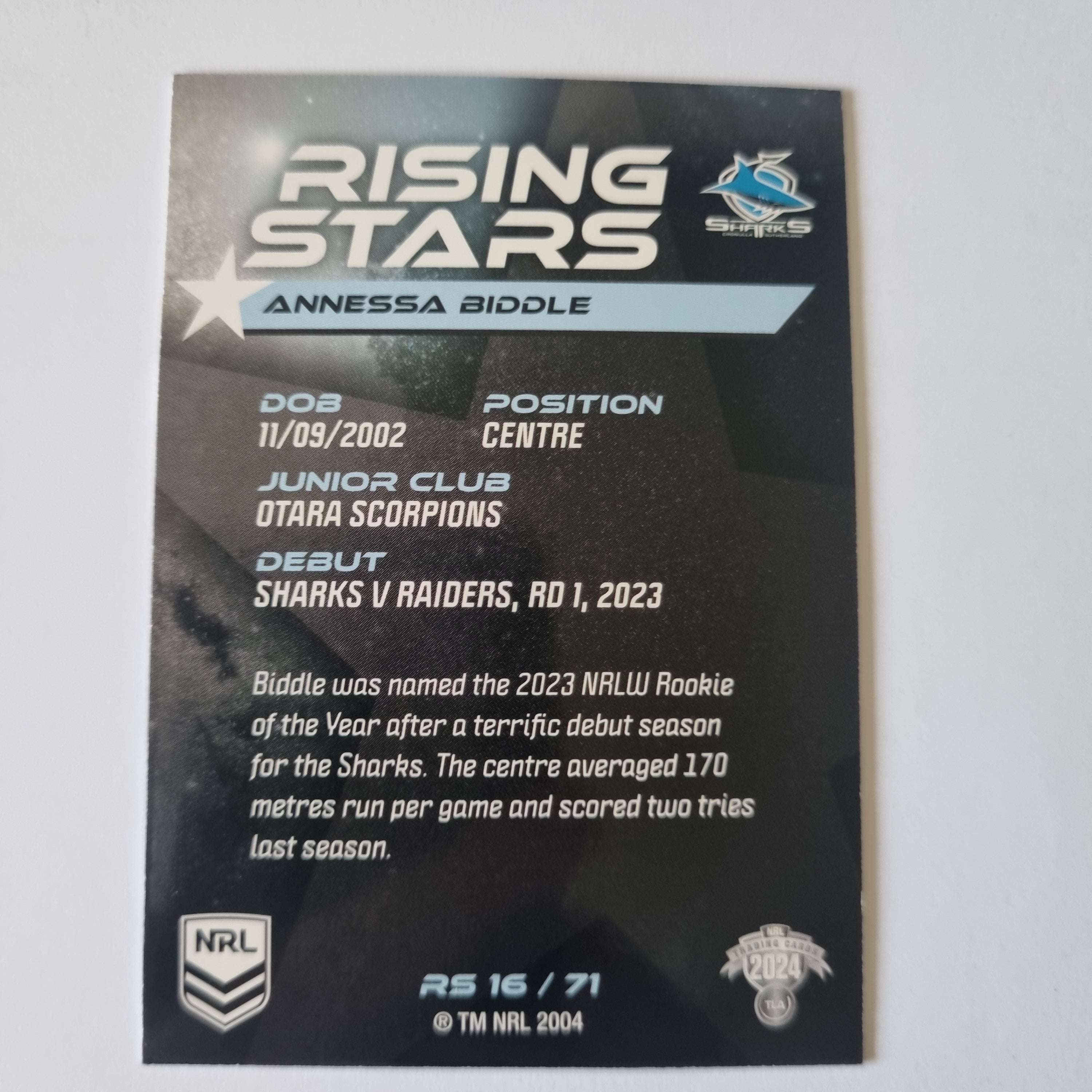 NRL 2024 Traders - Rising Stars - #RS16 - Annessa Biddle - Sharks