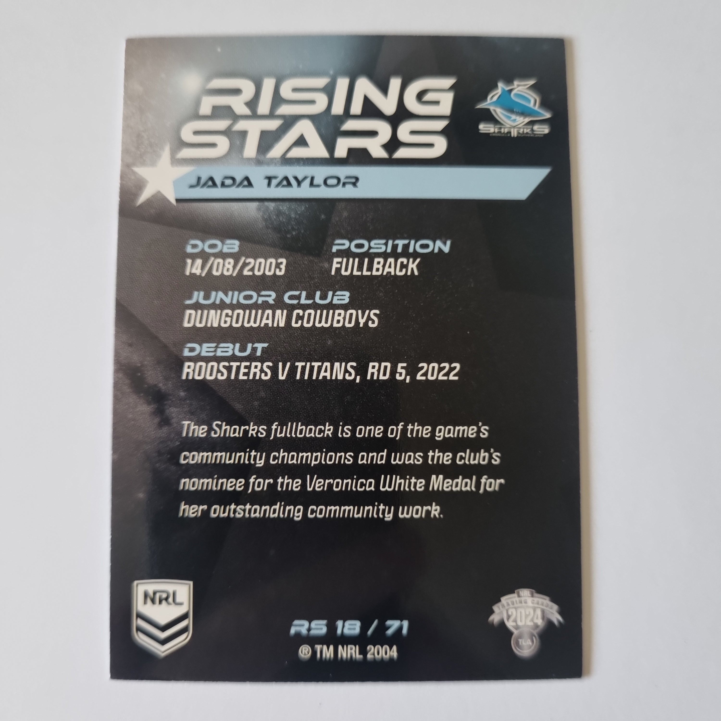 NRL 2024 Traders - Rising Stars - #RS18 - Jada Taylor - Sharks
