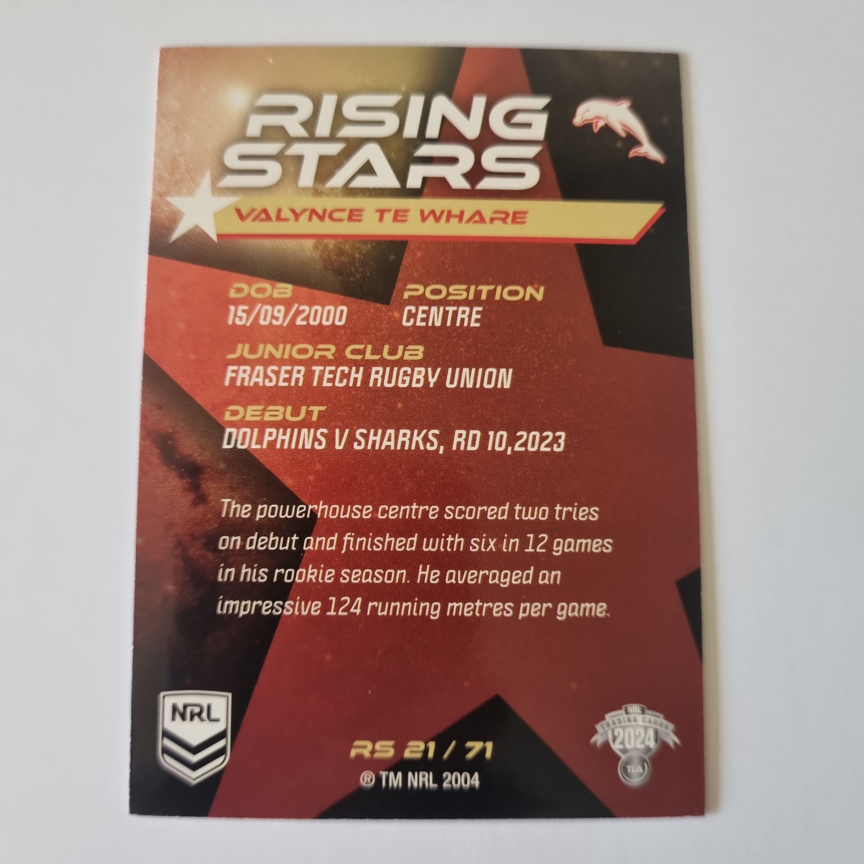 NRL 2024 Traders - Rising Stars - #RS21 - Valynce Te Whare - Dolphins