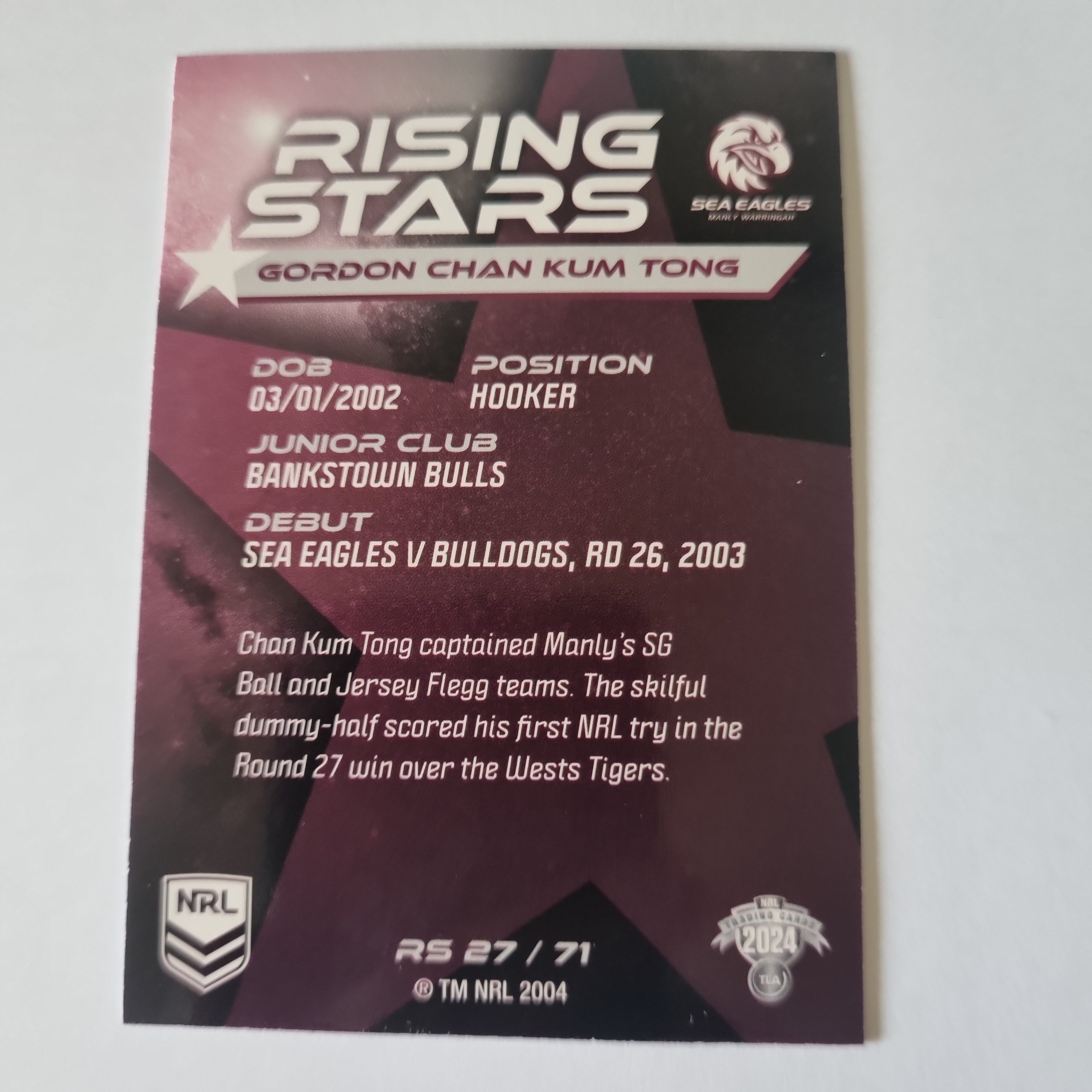 NRL 2024 Traders - Rising Stars - RS27 Gordon Chan Kum Tong Sea Eagles