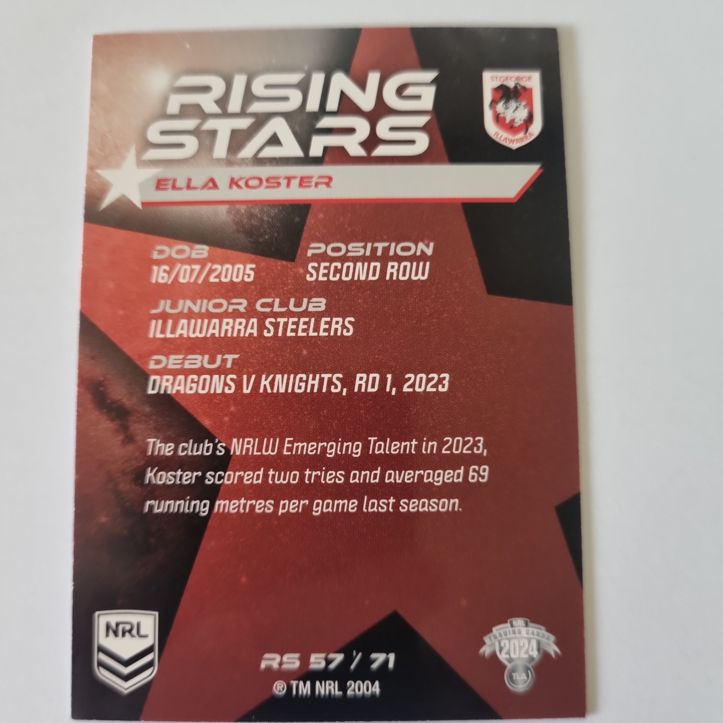 NRL 2024 Traders - Rising Stars - #RS57 - Ella Koster - Dragons