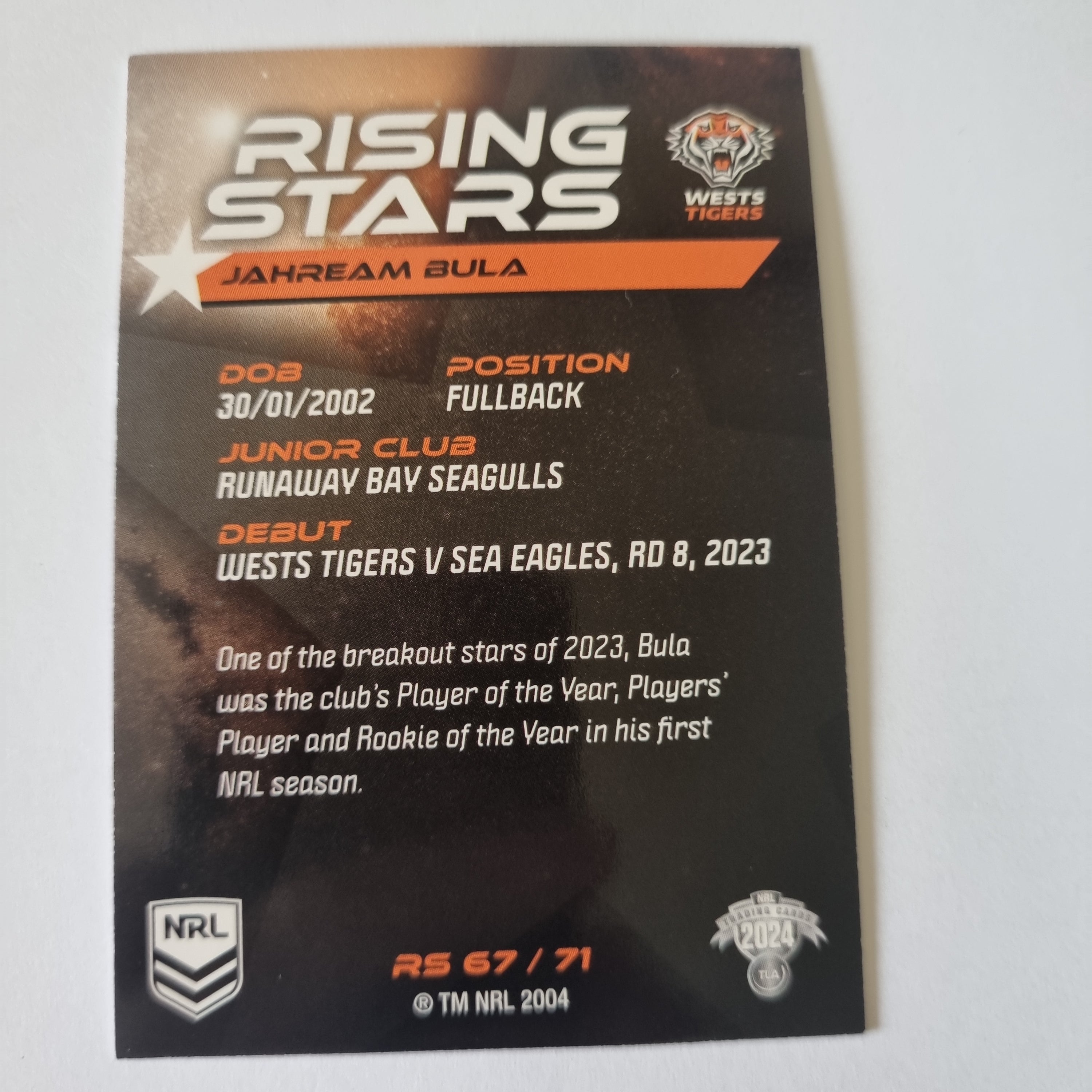 NRL 2024 Traders - Rising Stars - #RS67 - Jahream Bula - Wests Tigers