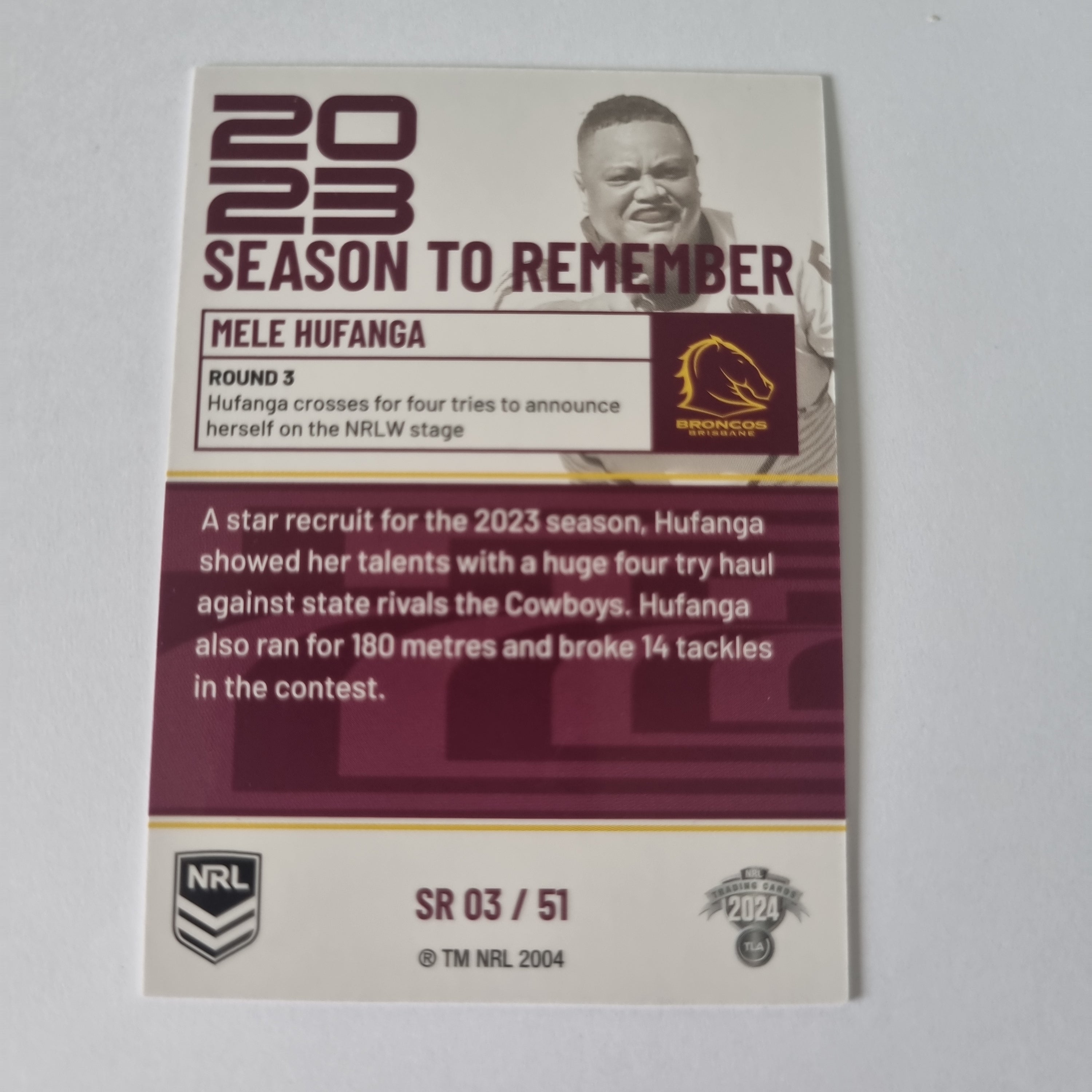 NRL 2024 Traders - Season to Remember - #SR03 - Mele Hufanga - Broncos