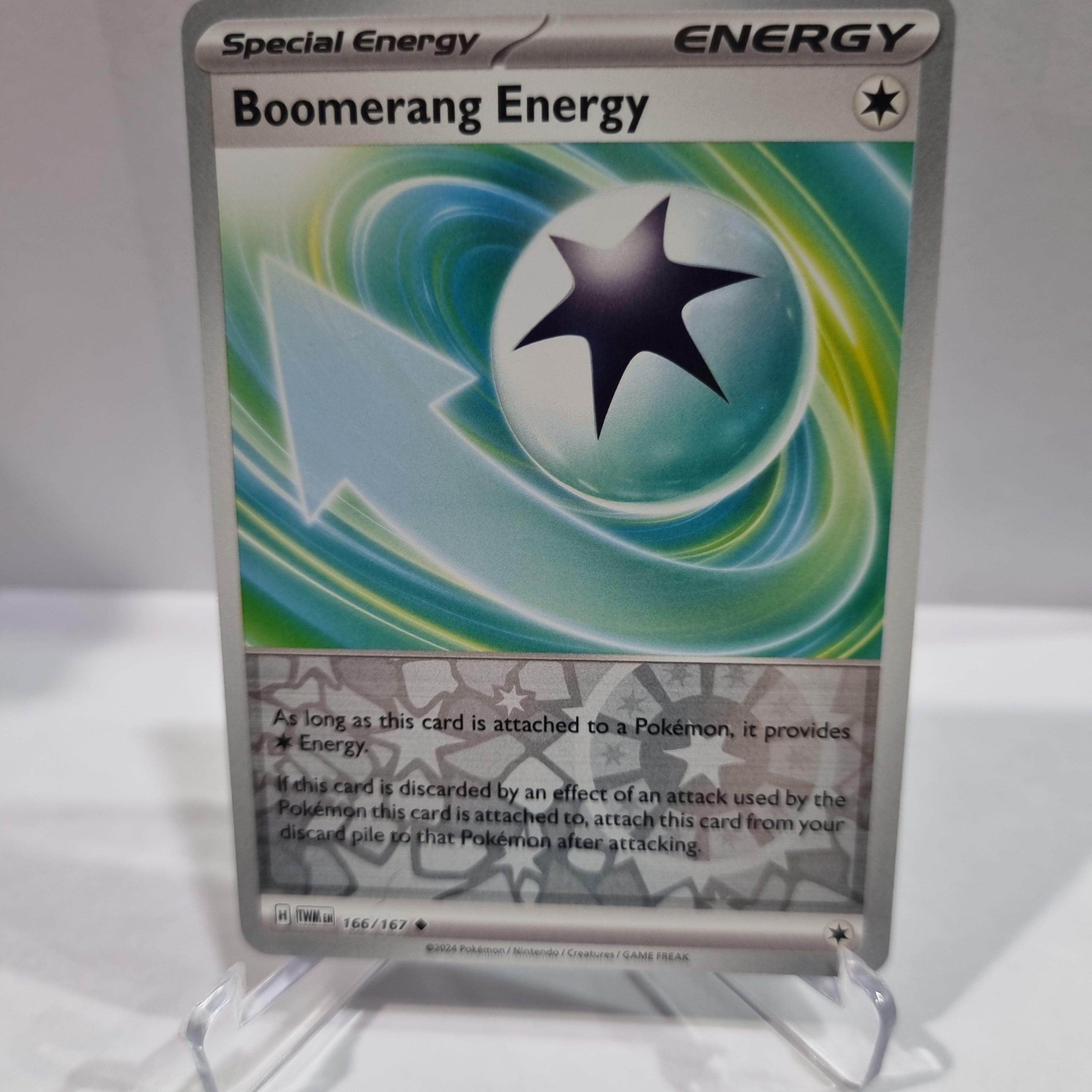 Pokemon TCG Scarlet & Violet expansion Twilight Masquerades. Boomerang Energy Reverse Holo card.