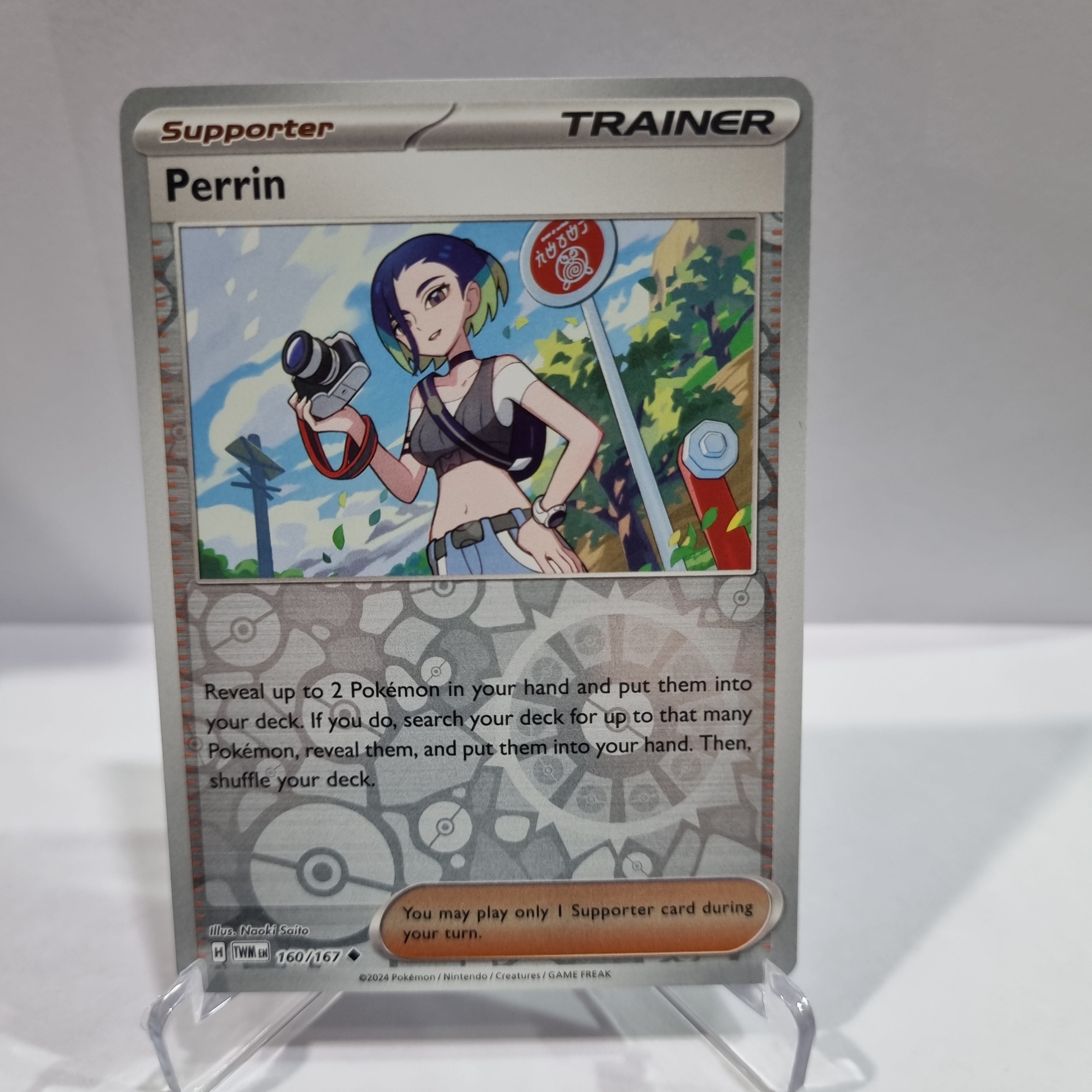 Pokemon TCG Scarlet & Violet expansion Twilight Masquerades. Perrin Reverse Holo card.