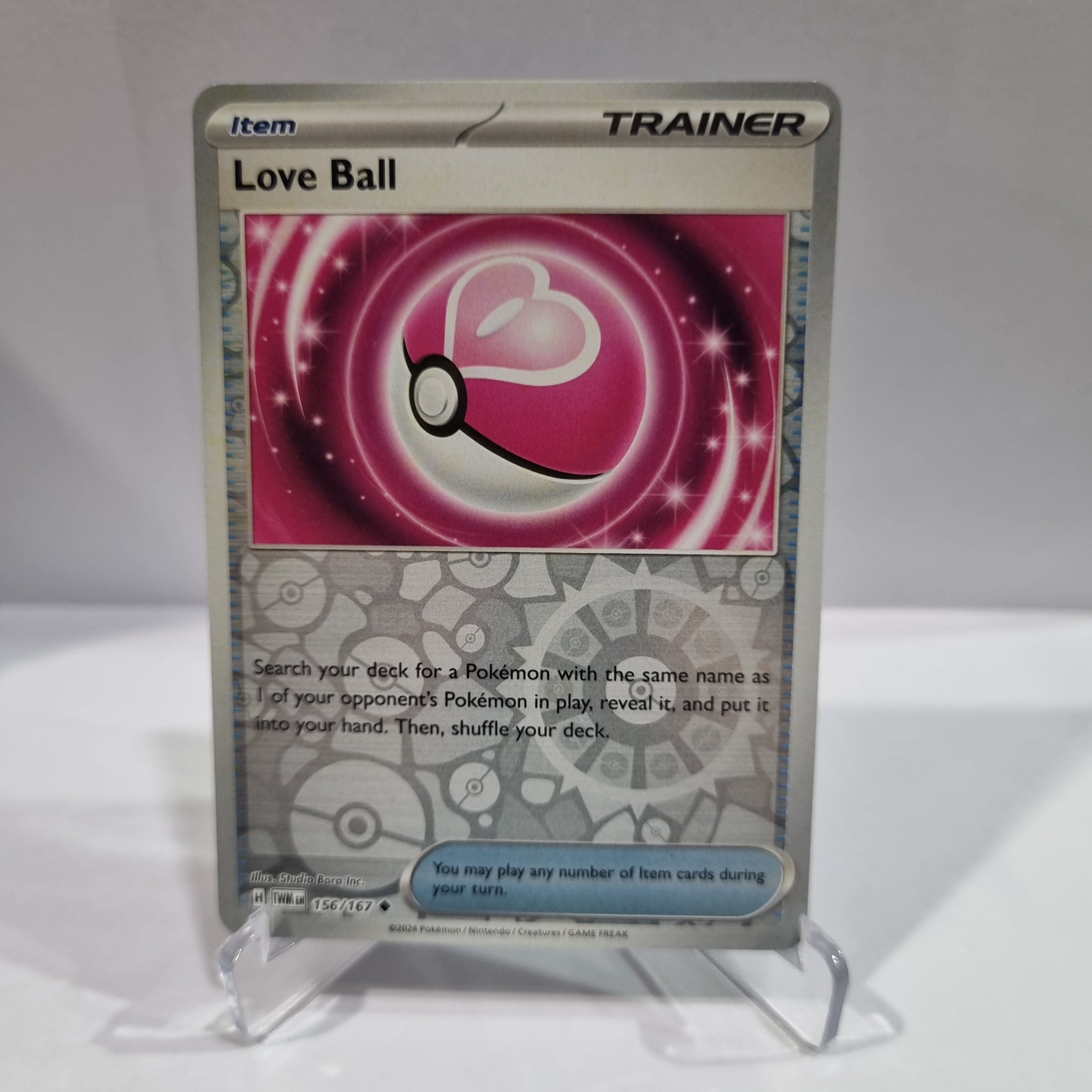 Pokemon TCG Scarlet & Violet expansion Twilight Masquerades. Love Ball Reverse Holo card.