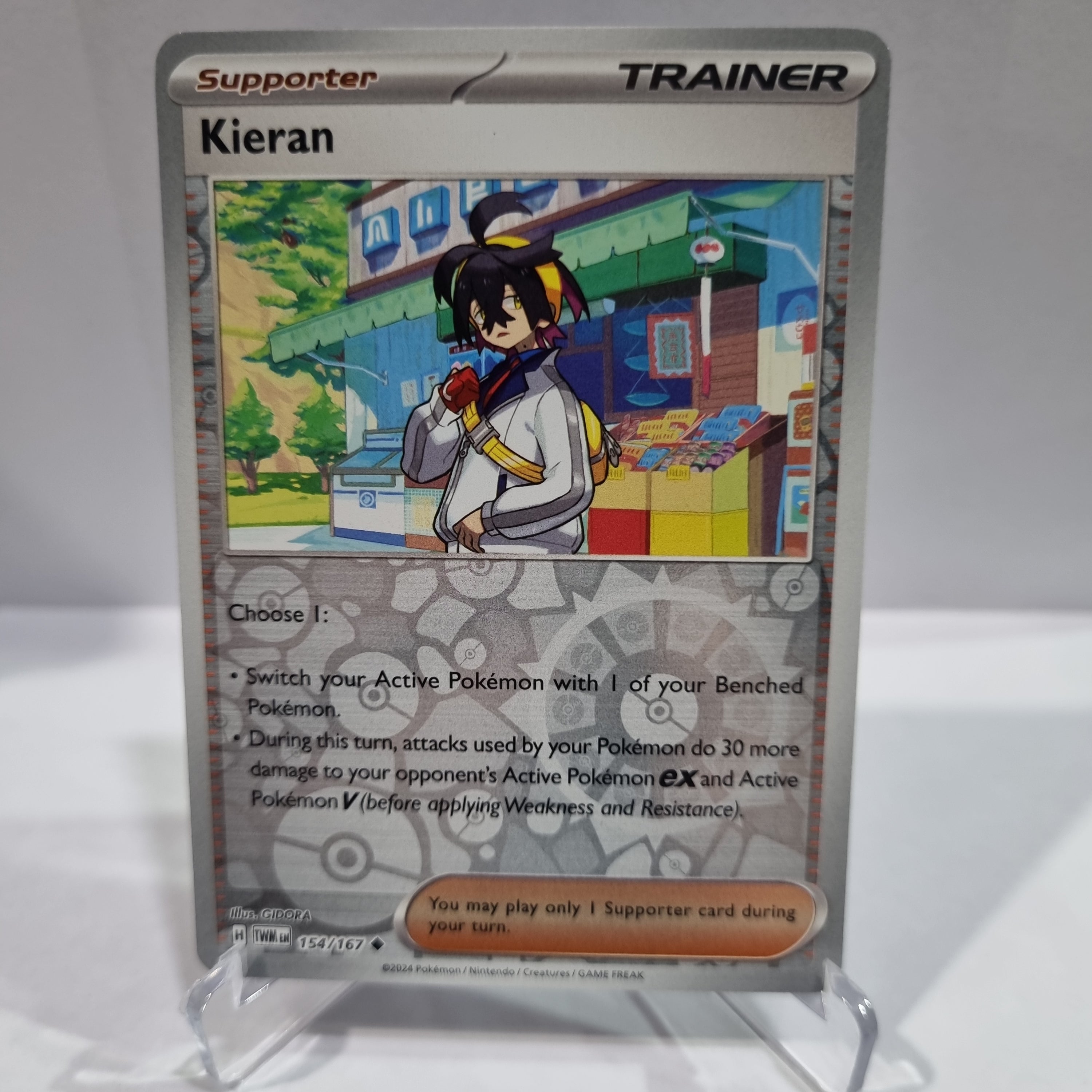 Pokemon TCG Scarlet & Violet expansion Twilight Masquerades. Kieran Reverse Holo card.
