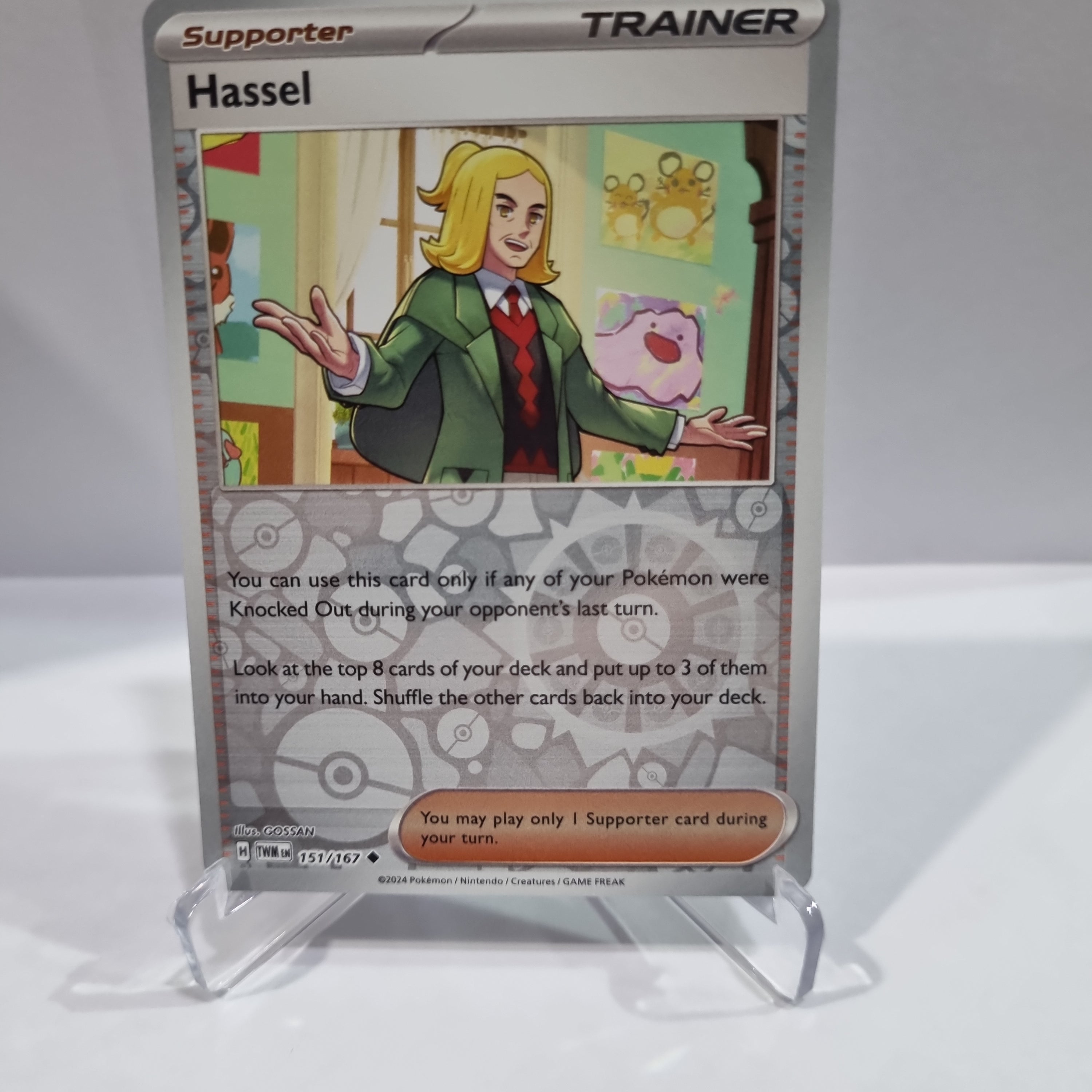 Pokemon TCG Scarlet & Violet expansion Twilight Masquerades. Hassel Reverse Holo card.