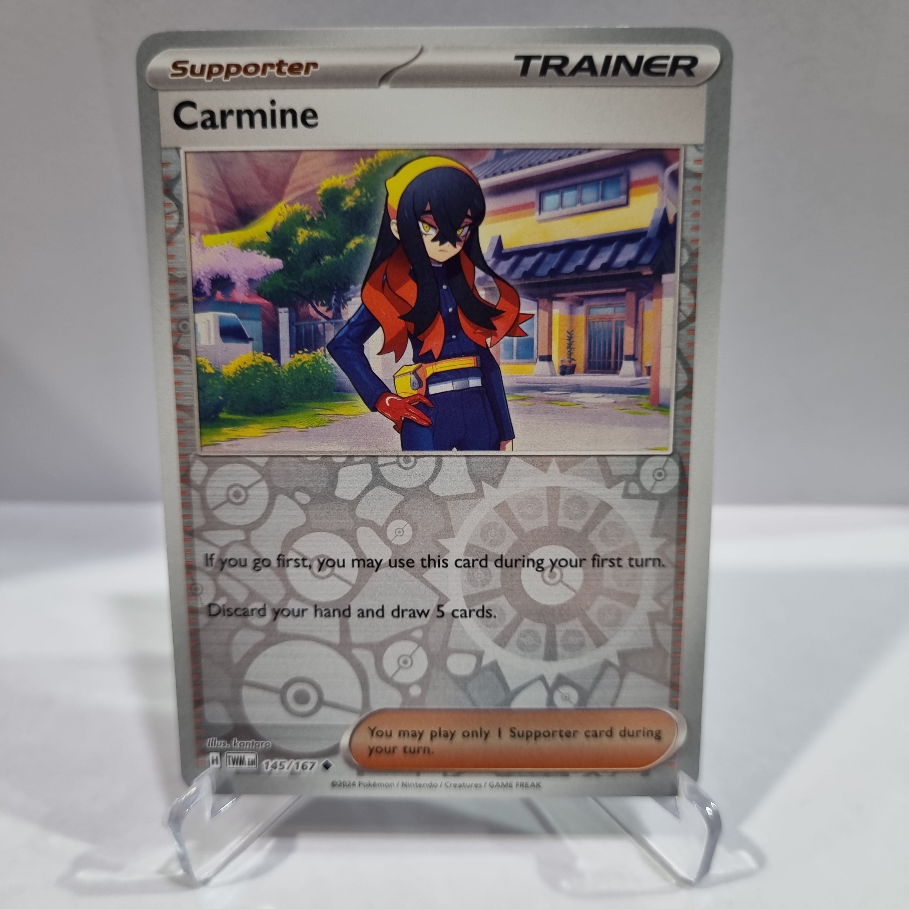 Pokemon TCG Scarlet & Violet expansion Twilight Masquerades. Carmine Reverse Holo card.