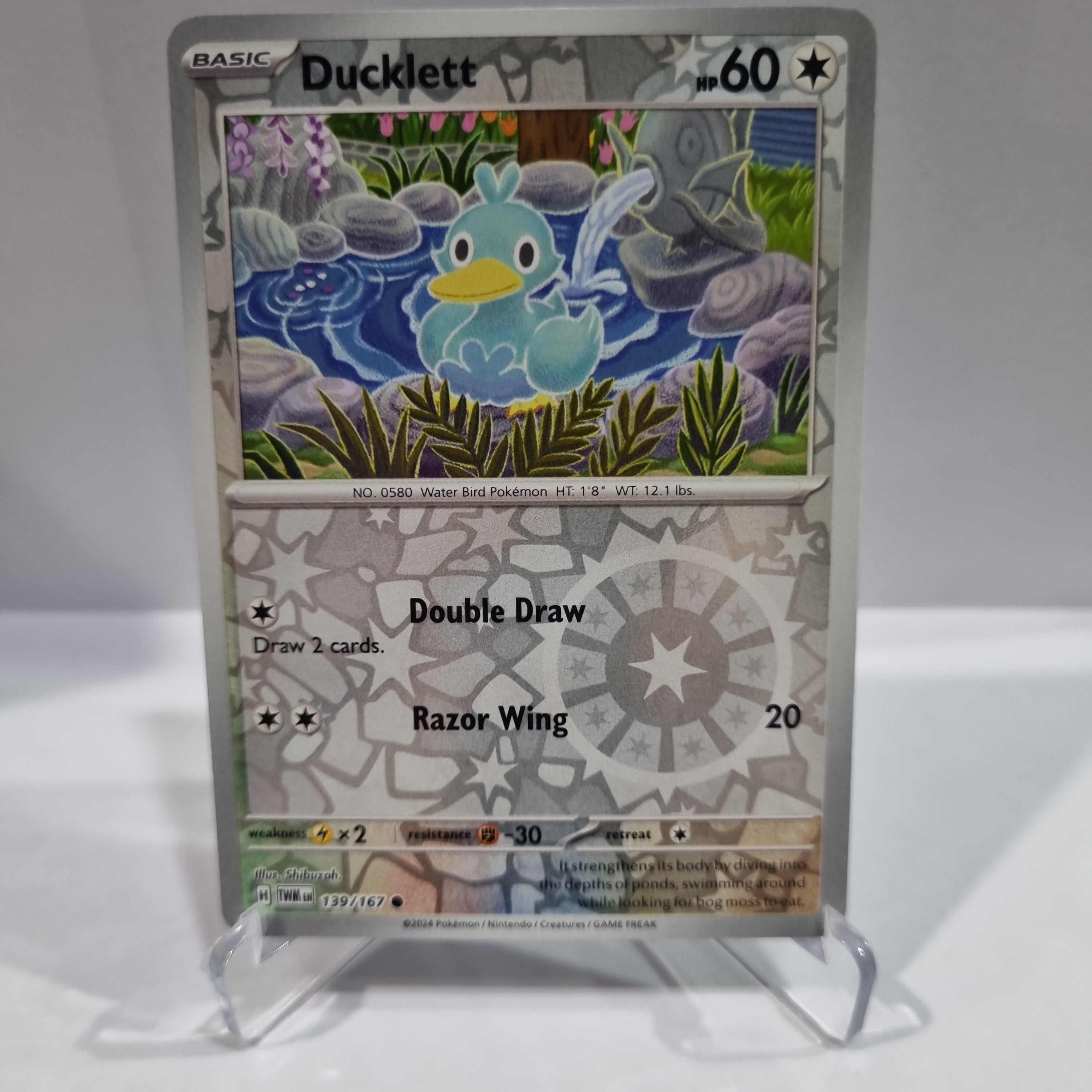 Pokemon TCG Scarlet & Violet expansion Twilight Masquerades. Ducklett Reverse Holo card.