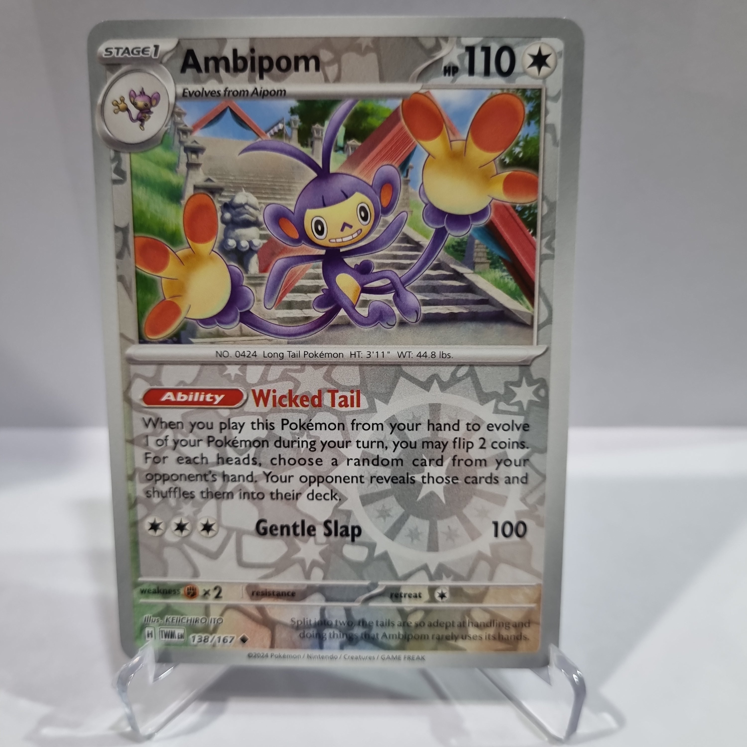 Pokemon TCG Scarlet & Violet expansion Twilight Masquerades. Ambipom Reverse Holo card.