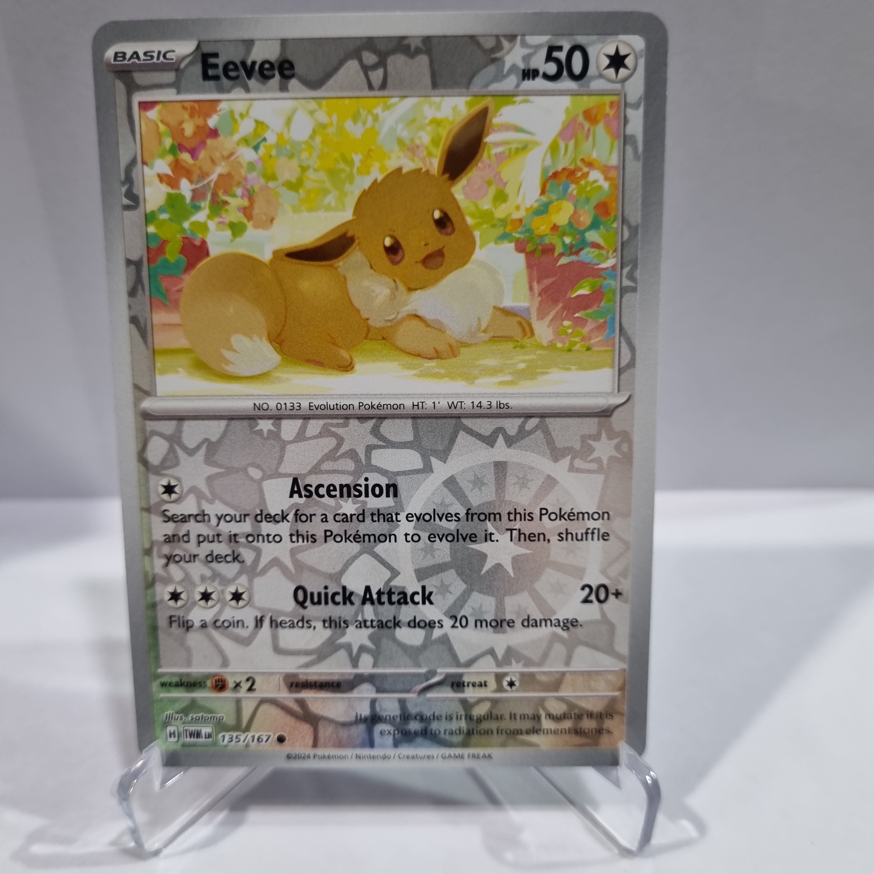 Pokemon TCG Scarlet & Violet expansion Twilight Masquerades. Eevee Reverse Holo card.