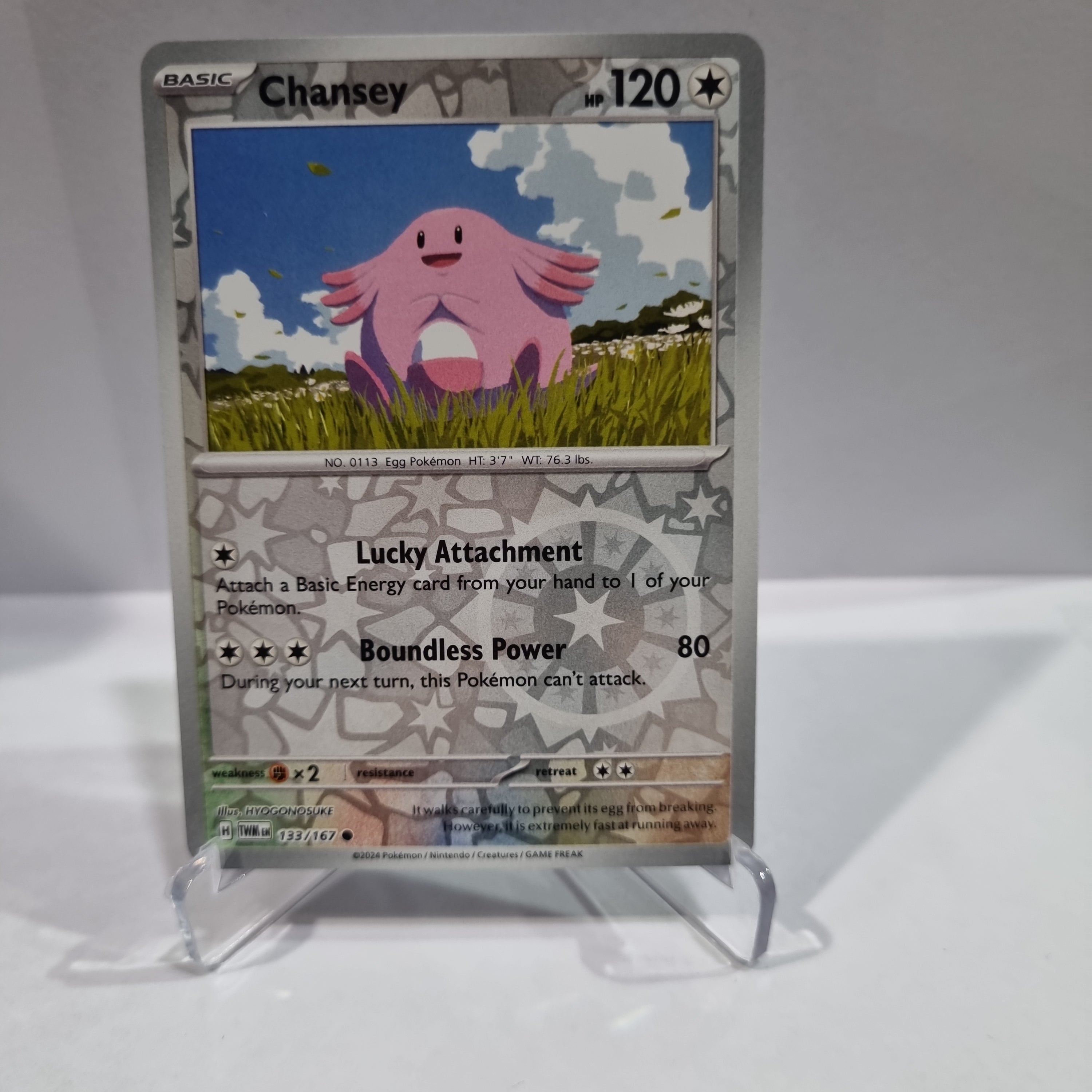 Pokemon TCG Scarlet & Violet expansion Twilight Masquerades. Chansey Reverse Holo card.