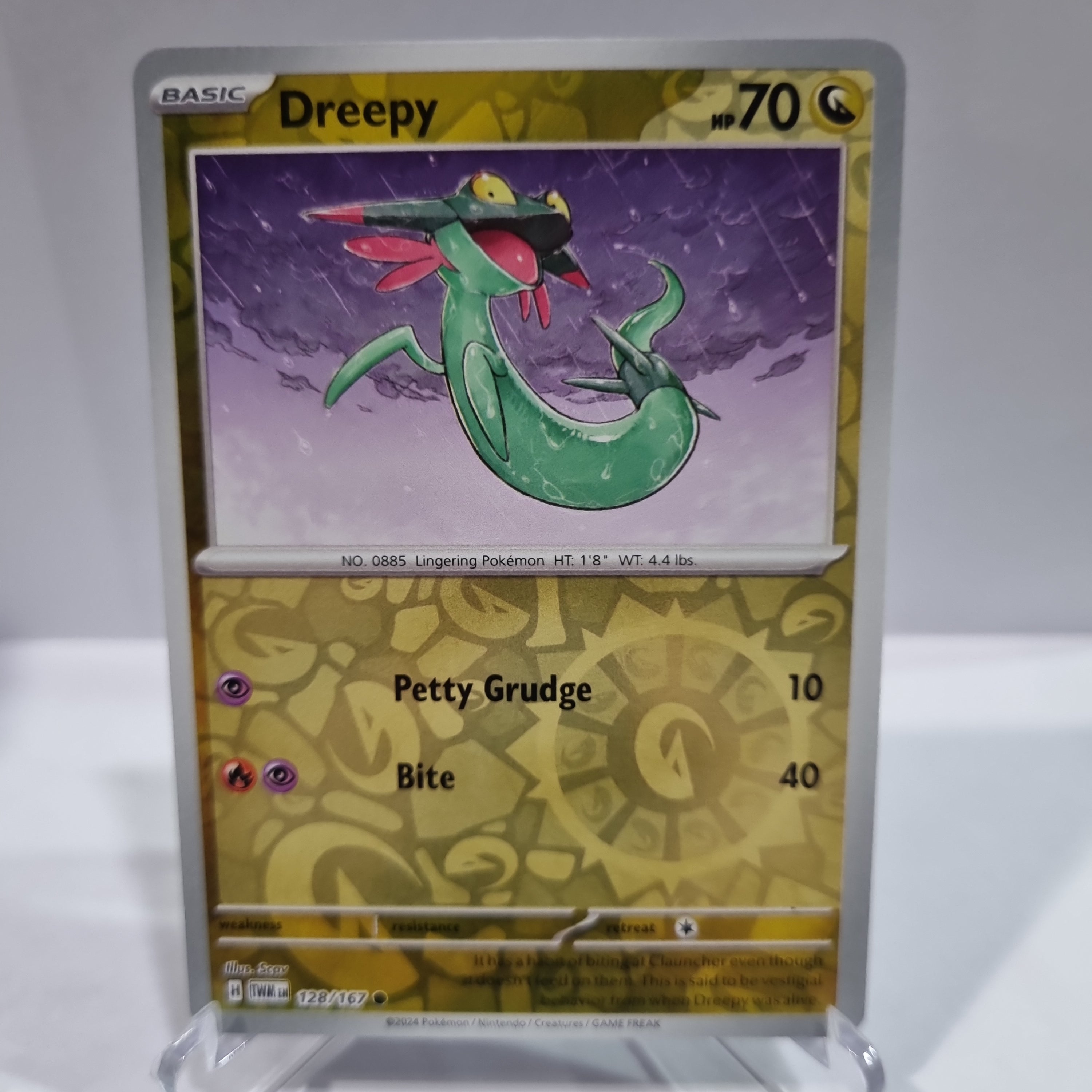 Pokemon TCG Scarlet & Violet expansion Twilight Masquerades. Dreepy Reverse Holo card.