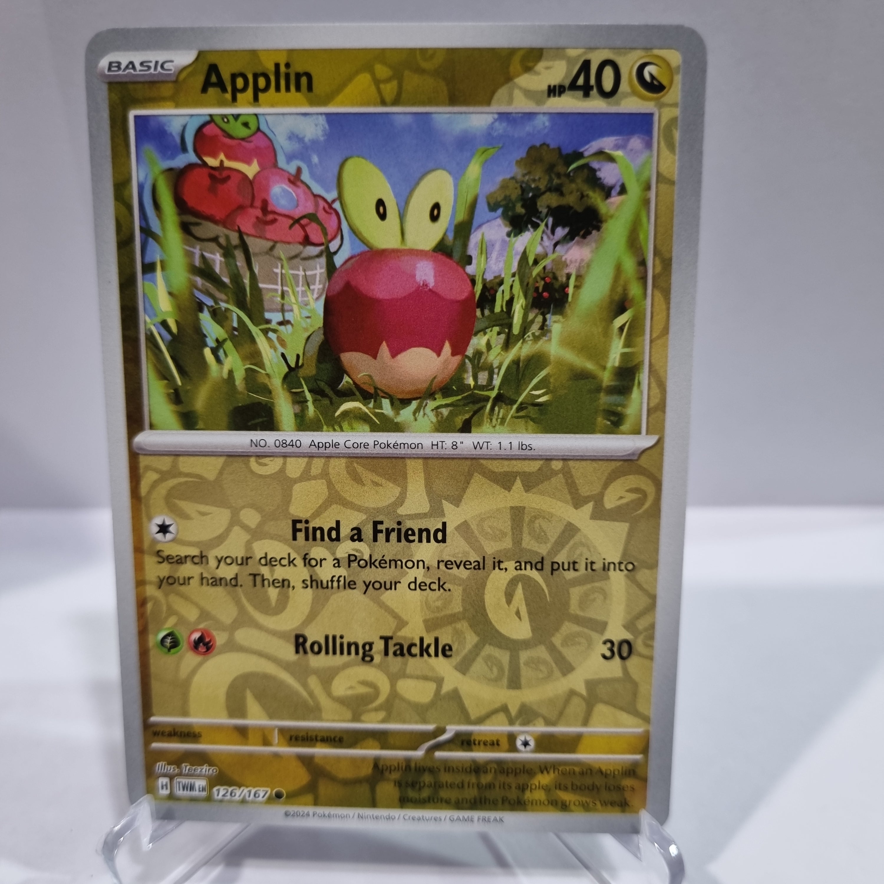 Pokemon TCG Scarlet & Violet expansion Twilight Masquerades. Applin Reverse Holo card.
