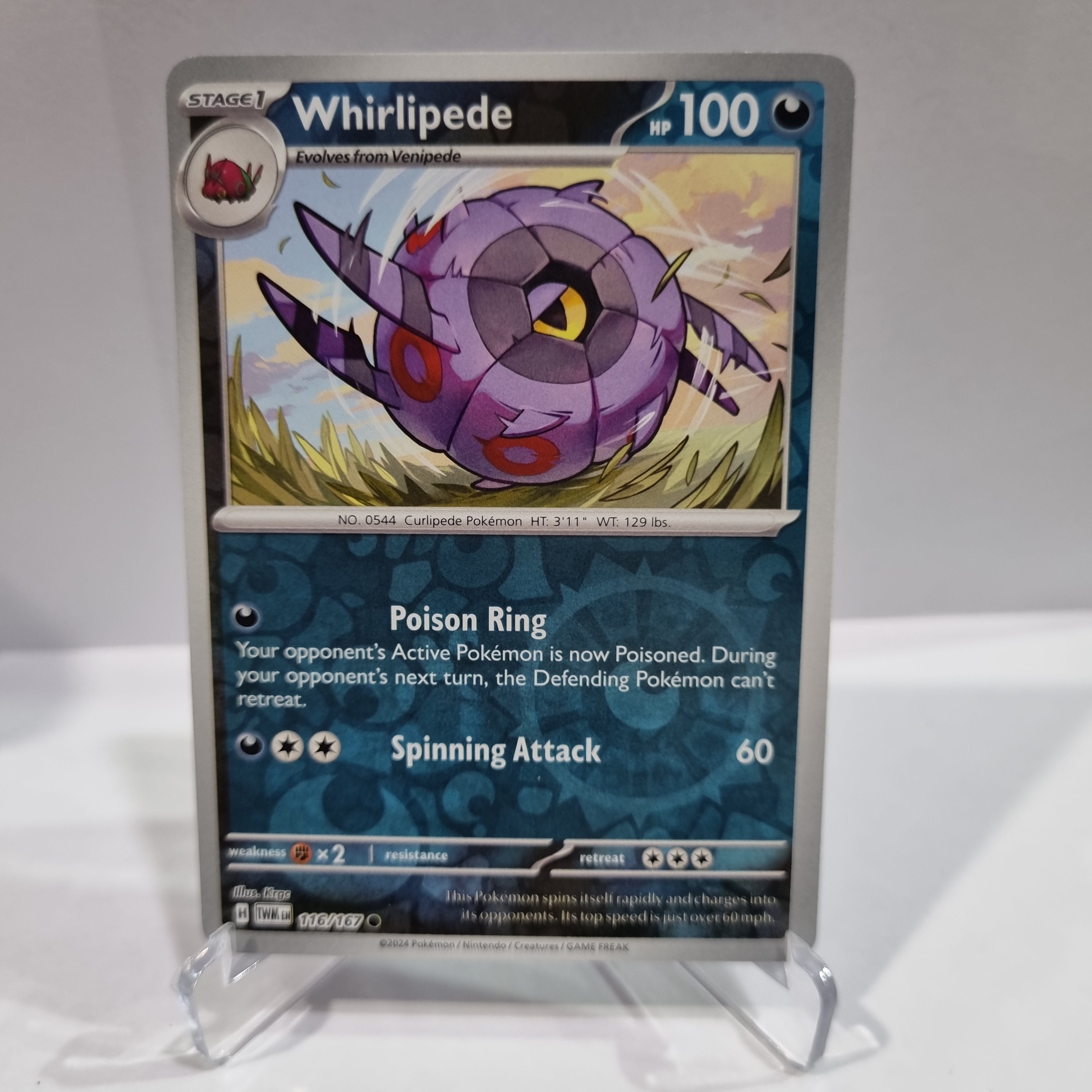 Pokemon TCG Scarlet & Violet expansion Twilight Masquerades. Whirlipede Reverse Holo card.