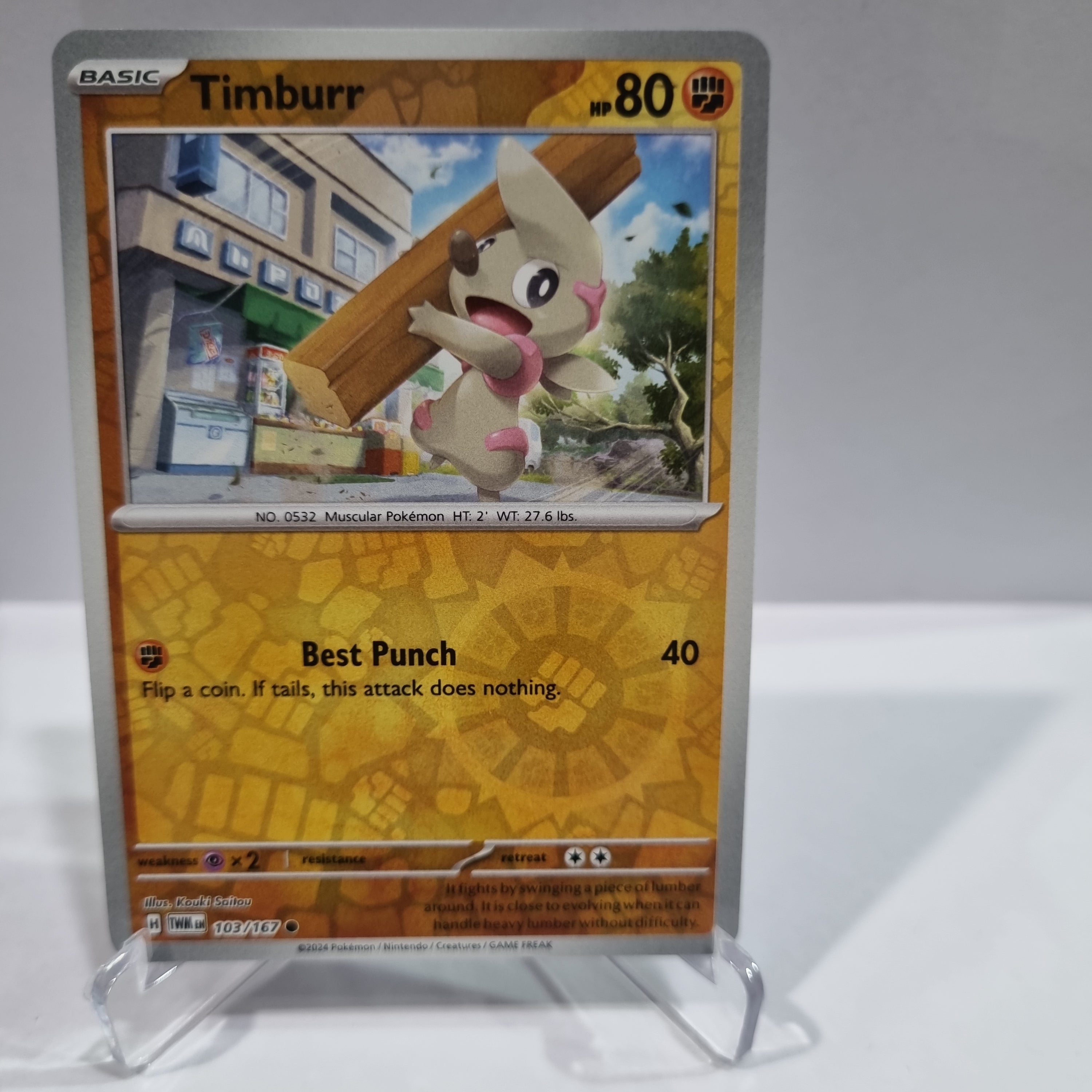 Pokemon TCG Scarlet & Violet expansion Twilight Masquerades. Timburr Reverse Holo card.