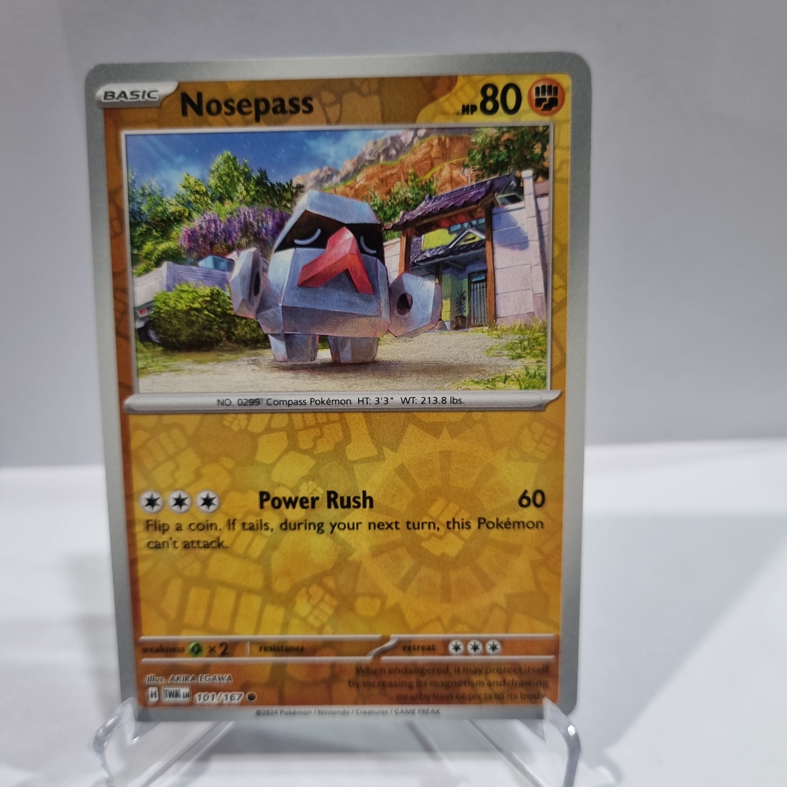 Pokemon TCG Scarlet & Violet expansion Twilight Masquerades. Nosepass Reverse Holo card.