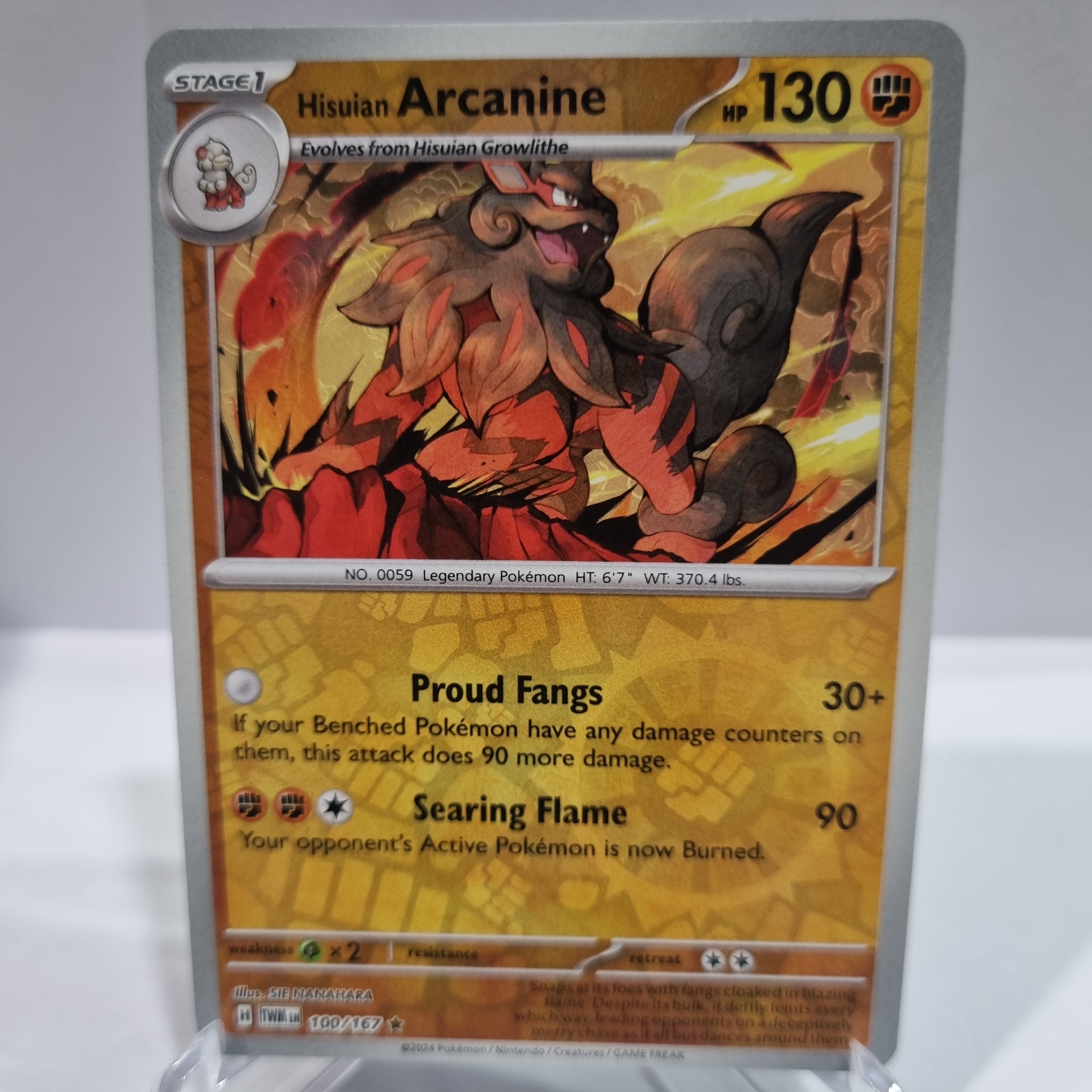 Pokemon TCG Scarlet & Violet expansion Twilight Masquerades. Hisuian Arcanine Reverse Holo card.