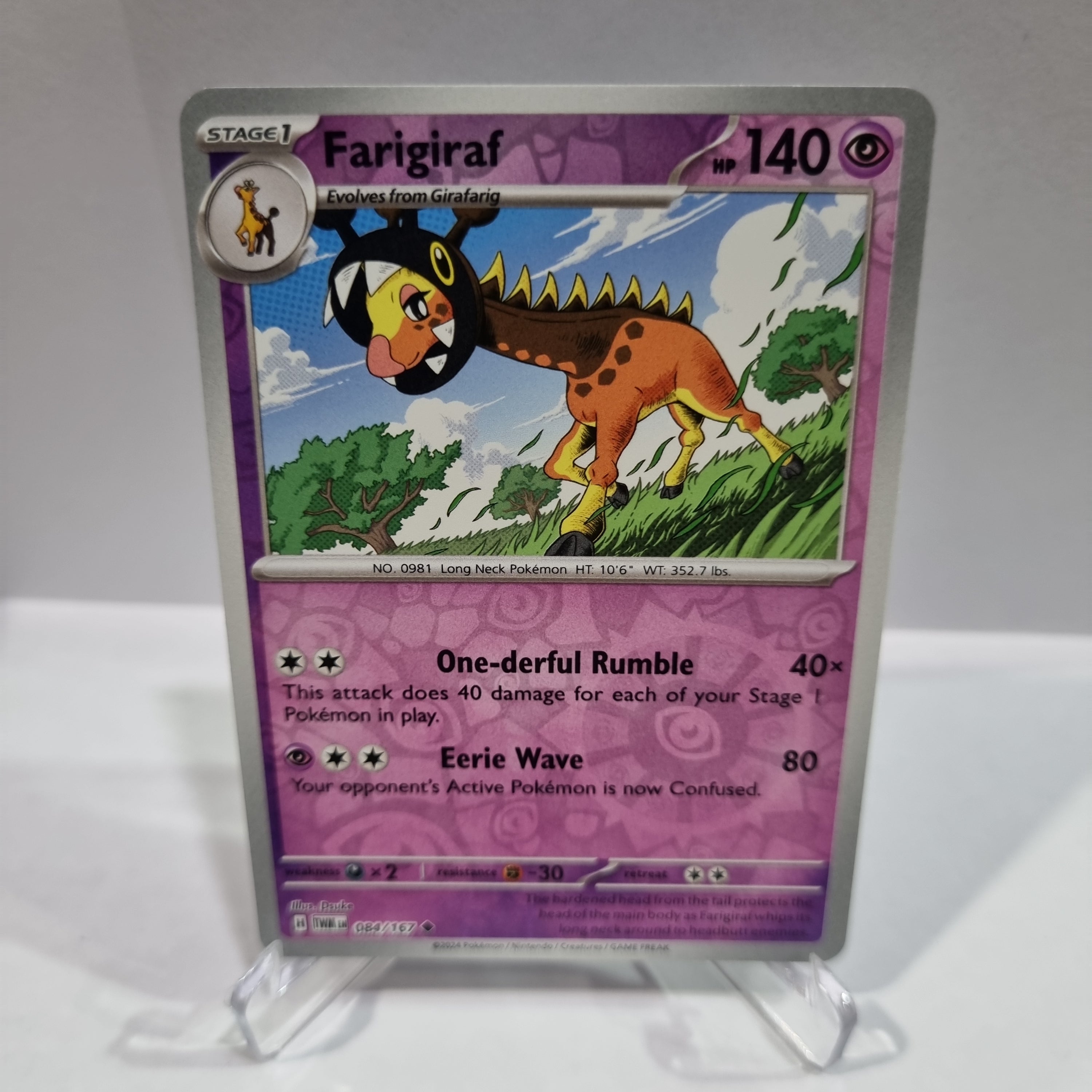 Pokemon TCG Scarlet & Violet expansion Twilight Masquerades. Farigiraf Reverse Holo card.