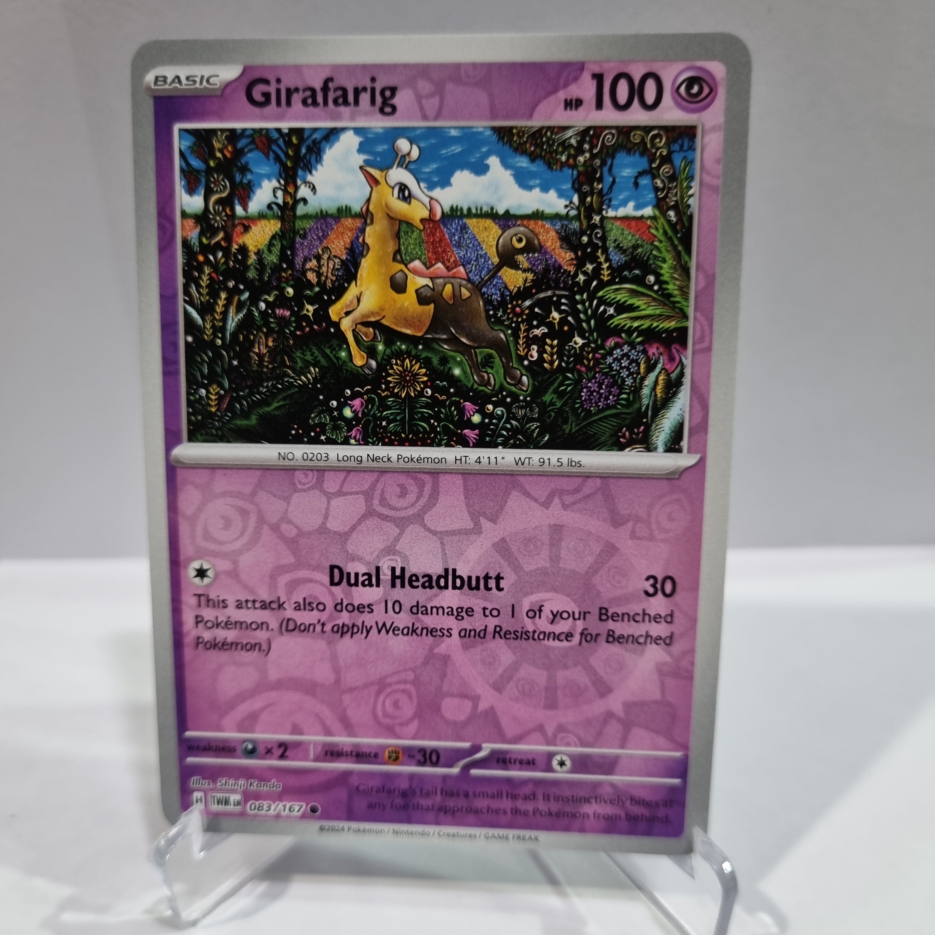 Pokemon TCG Scarlet & Violet expansion Twilight Masquerades. Girafarig Reverse Holo card.