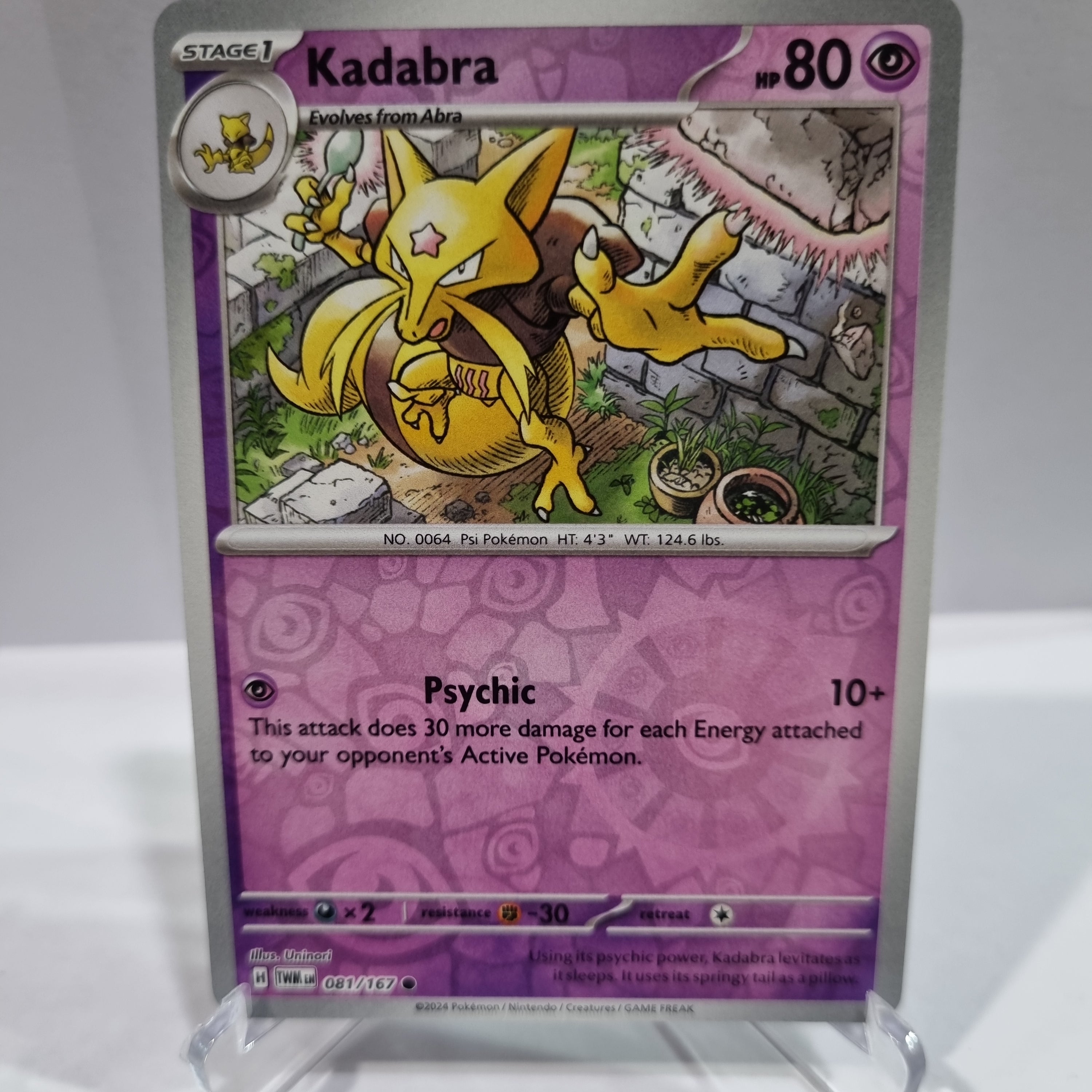 Pokemon TCG Scarlet & Violet expansion Twilight Masquerades. Kadabra Reverse Holo card.