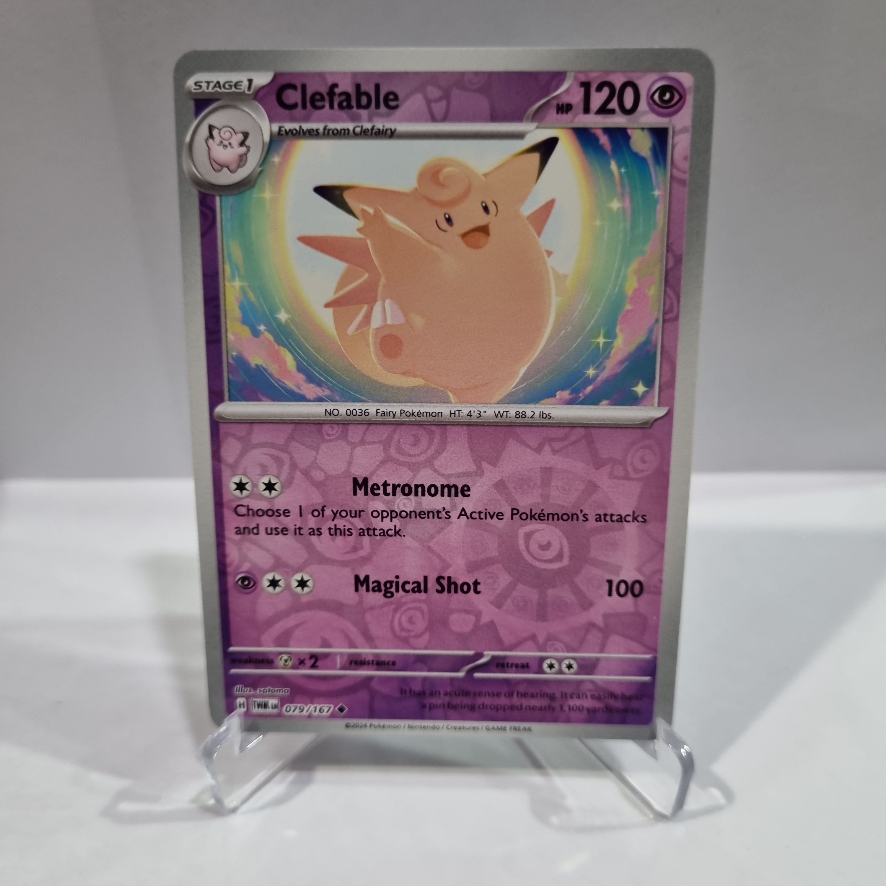 Pokemon TCG Scarlet & Violet expansion Twilight Masquerades. Clefable Reverse Holo card.