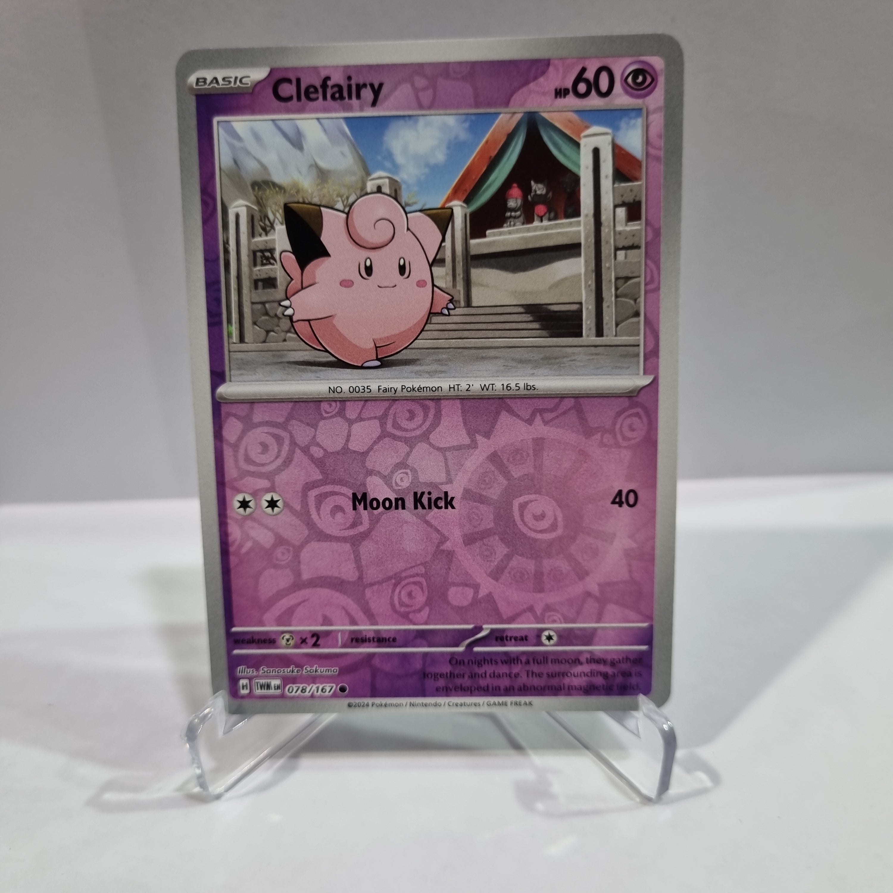 Pokemon TCG Scarlet & Violet expansion Twilight Masquerades. Clefairy Reverse Holo card.