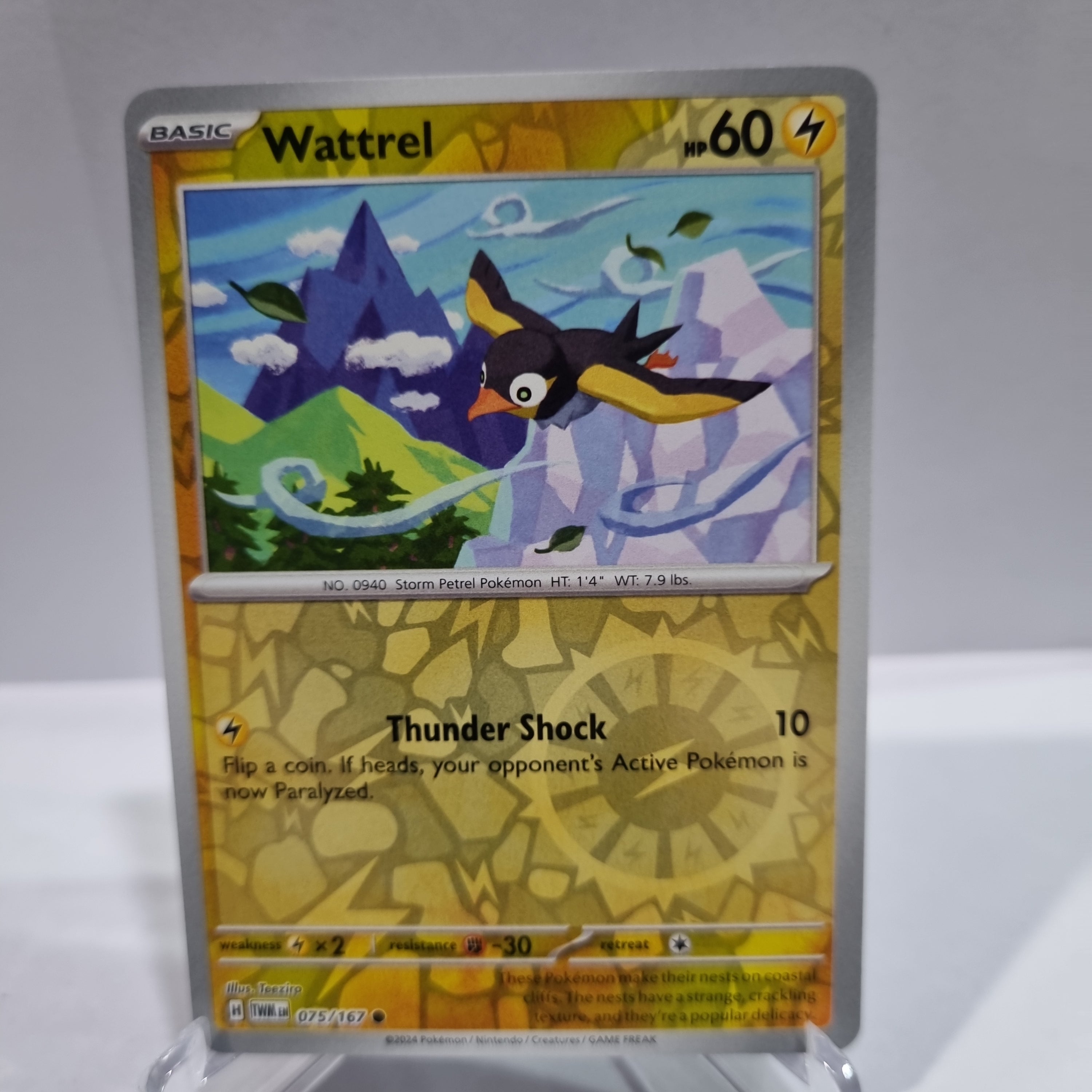 Pokemon TCG Scarlet & Violet expansion Twilight Masquerades. Wattrel Reverse Holo card.