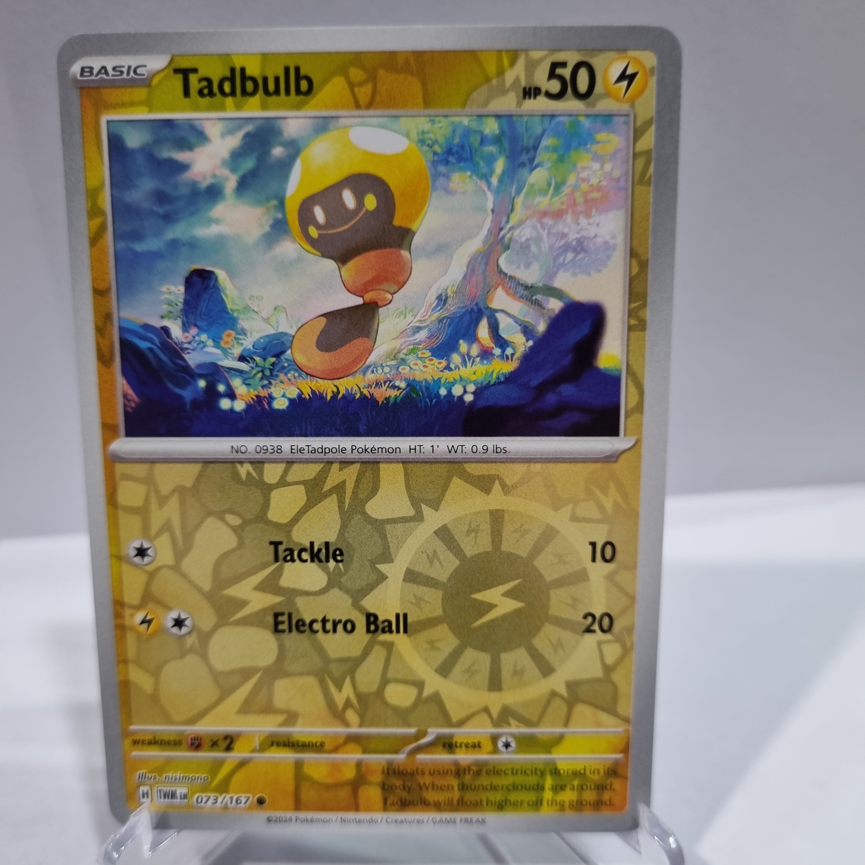 Pokemon TCG Scarlet & Violet expansion Twilight Masquerades. Tadbulb Reverse Holo card.