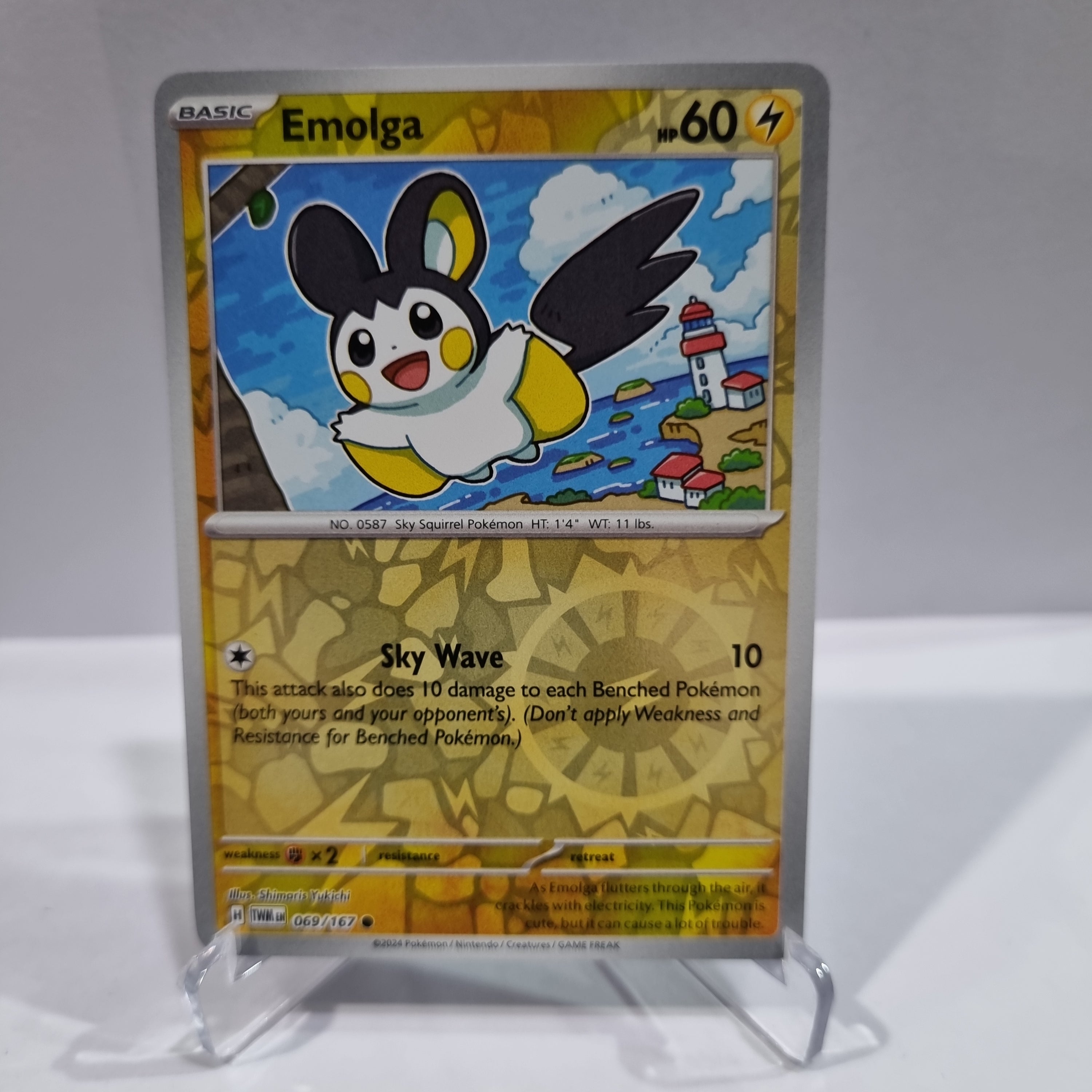 Pokemon TCG Scarlet & Violet expansion Twilight Masquerades. Emolga Reverse Holo card.