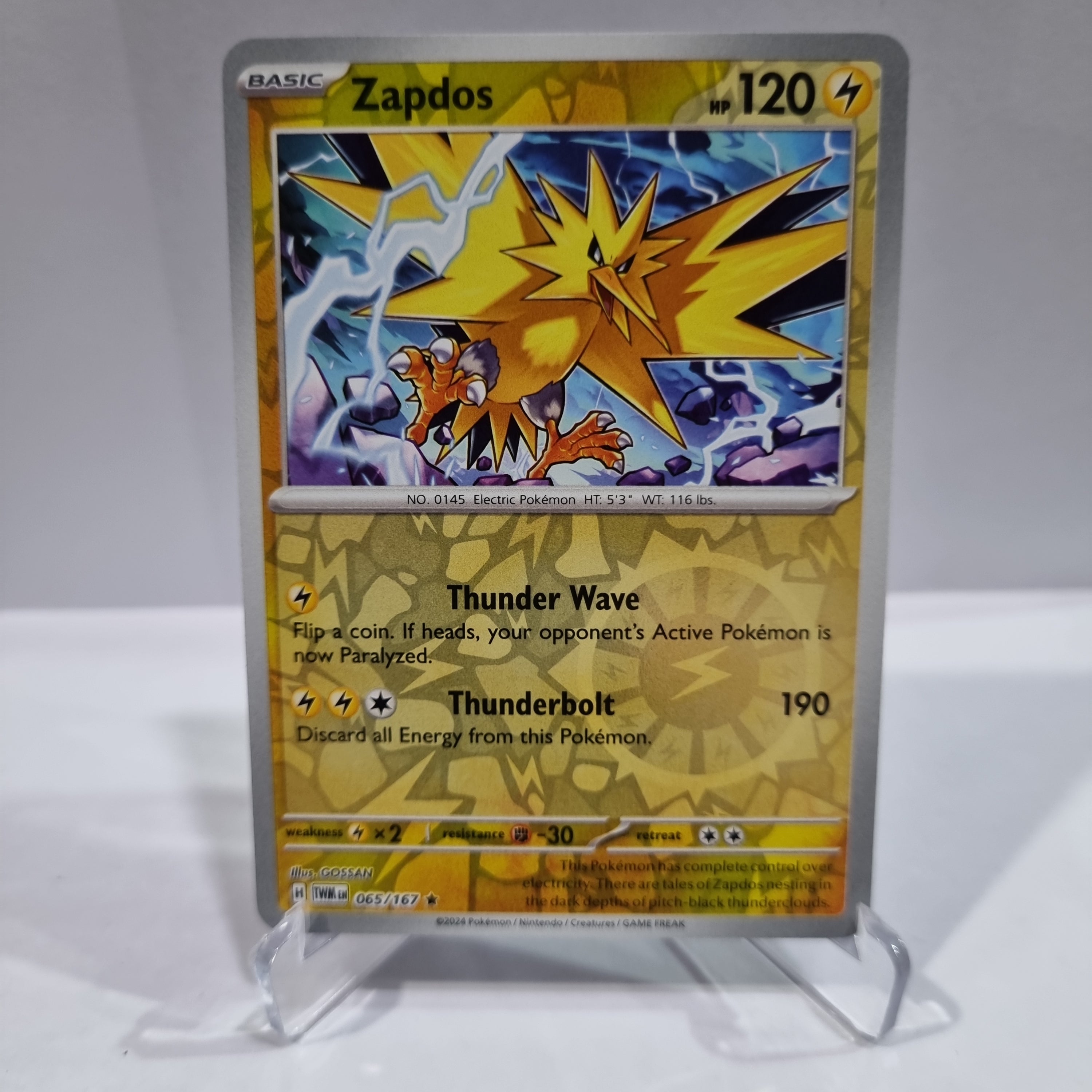 Pokemon TCG Scarlet & Violet expansion Twilight Masquerades. Zapdos Reverse Holo card.