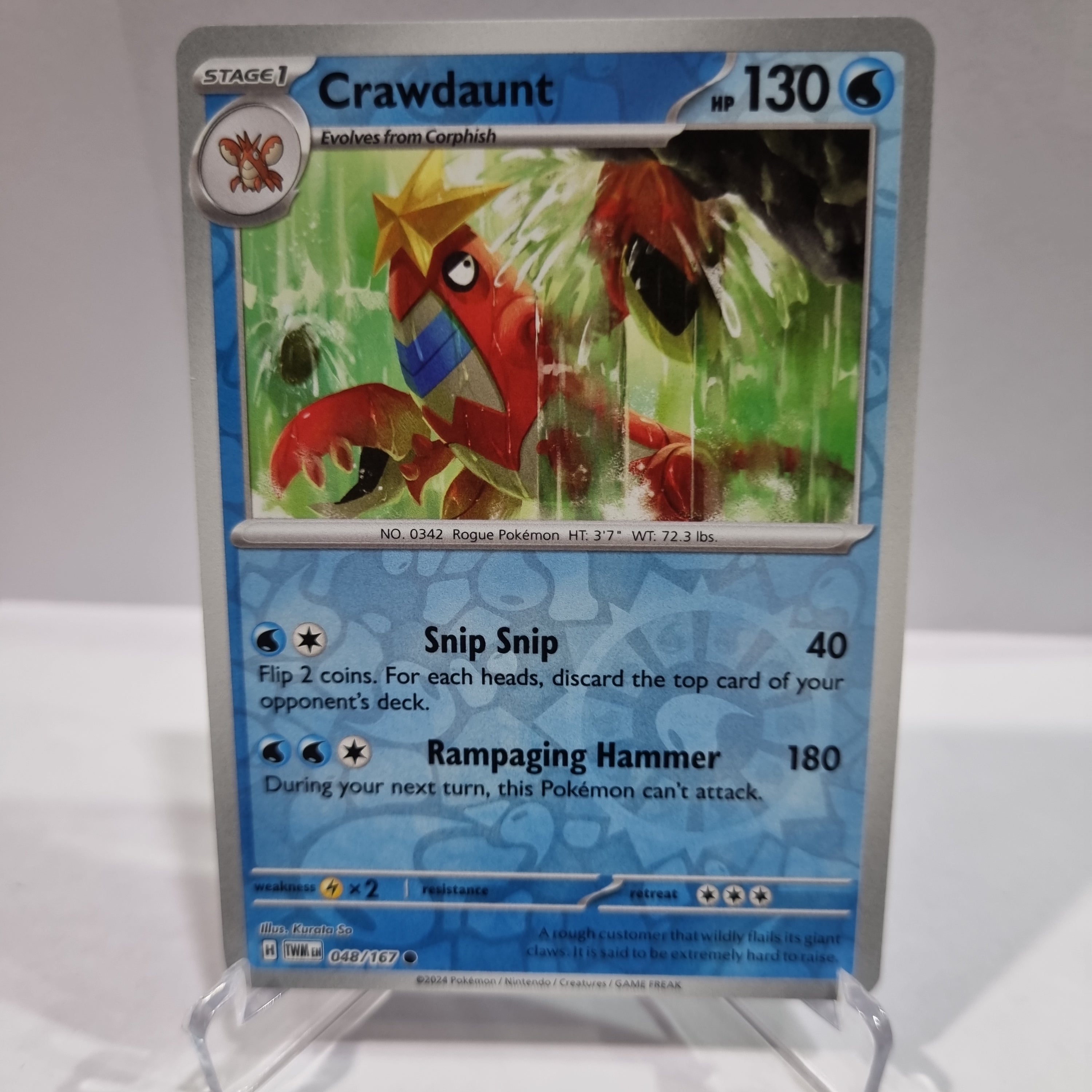 Pokemon TCG Scarlet & Violet expansion Twilight Masquerades. Crawdaunt Reverse Holo card.