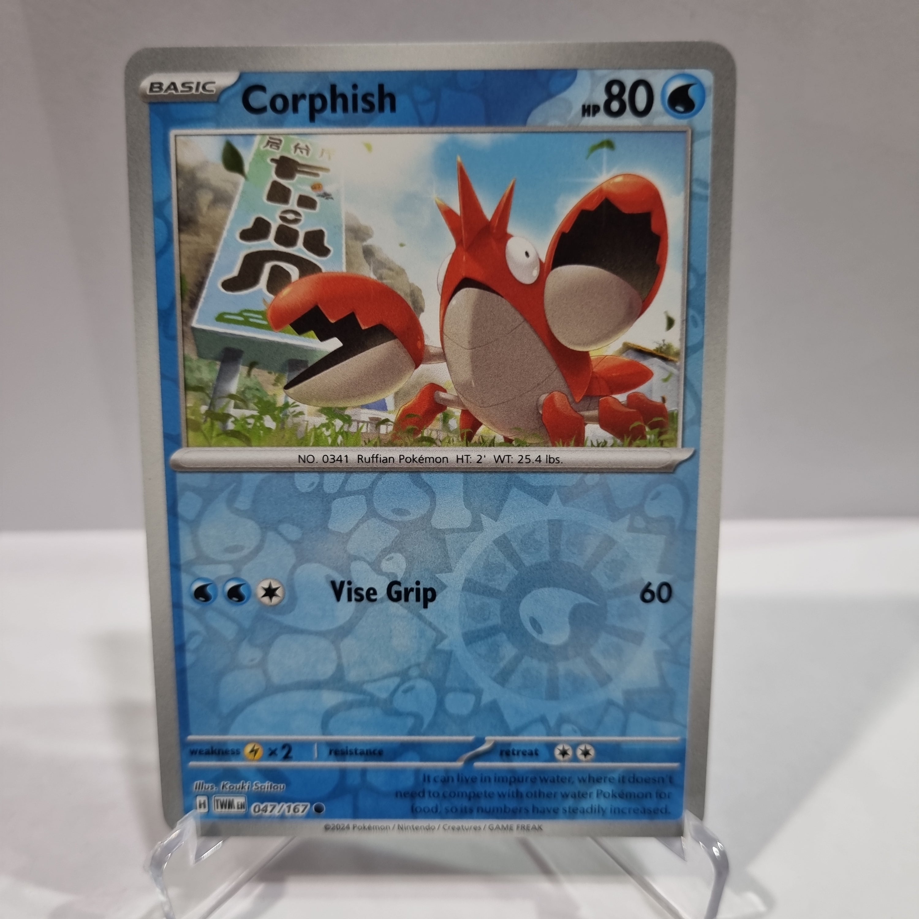 Pokemon TCG Scarlet & Violet expansion Twilight Masquerades. Corphish Reverse Holo card.