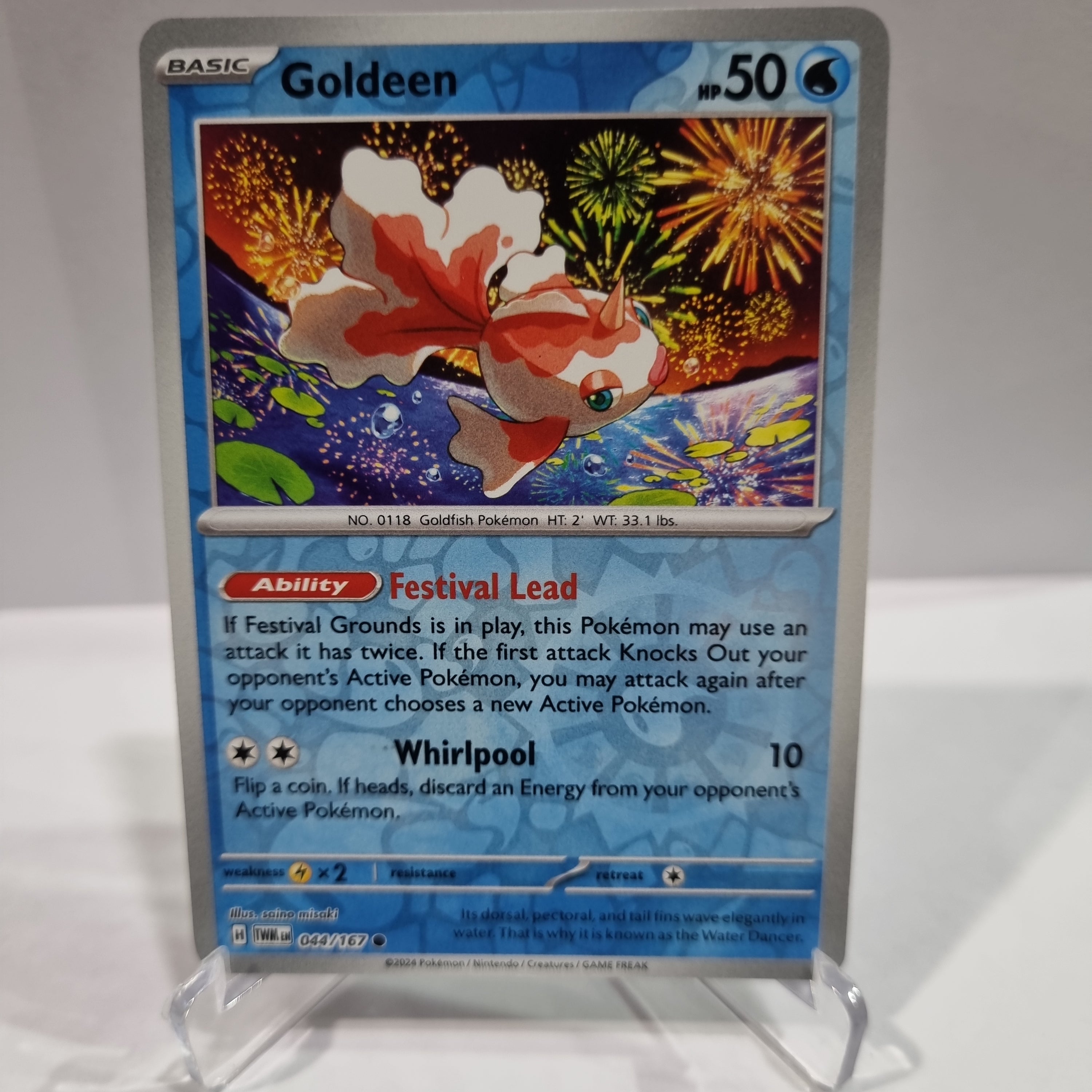 Pokemon TCG Scarlet & Violet expansion Twilight Masquerades. Goldeen Reverse Holo card.