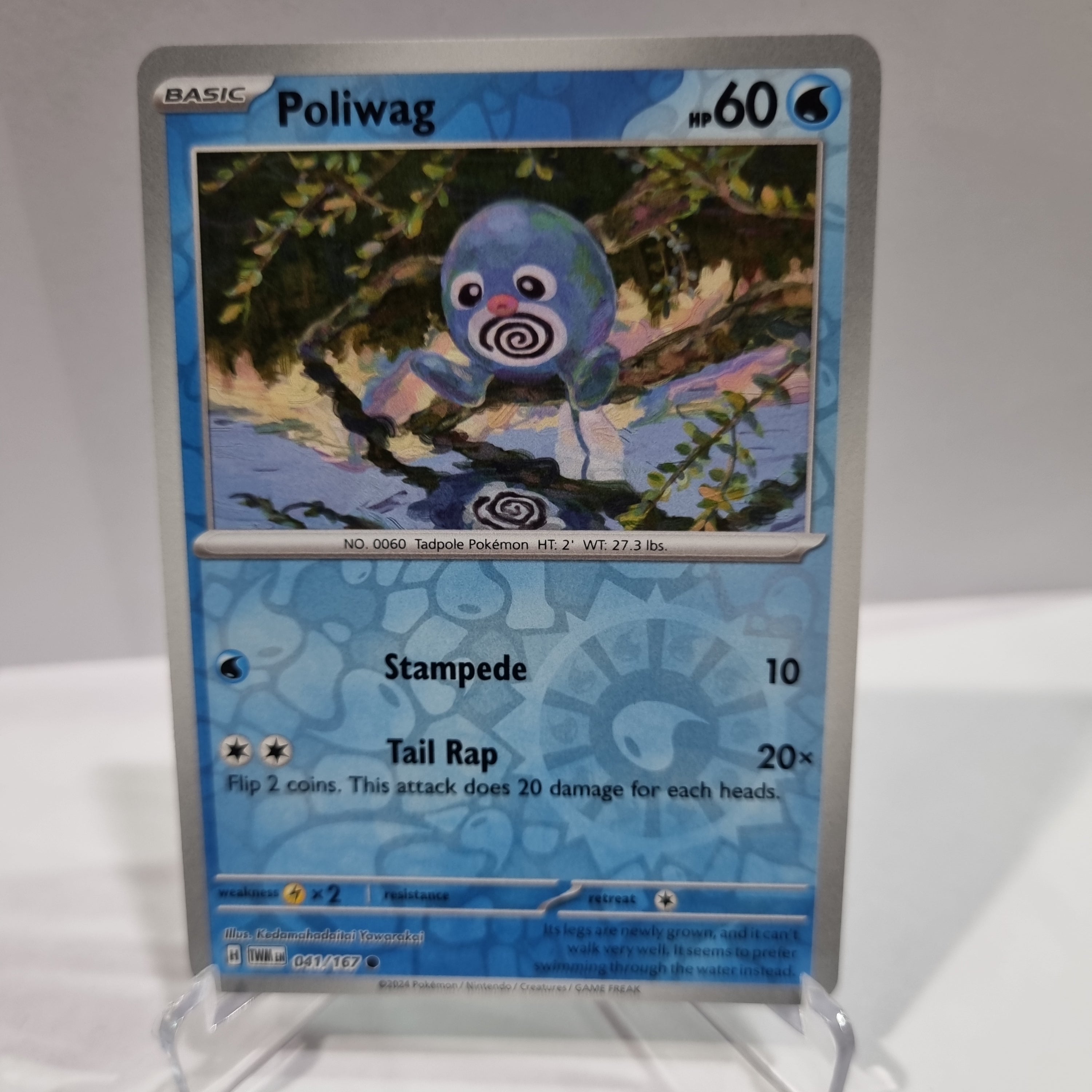 Pokemon TCG Scarlet & Violet expansion Twilight Masquerades. Poliwag Reverse Holo card.