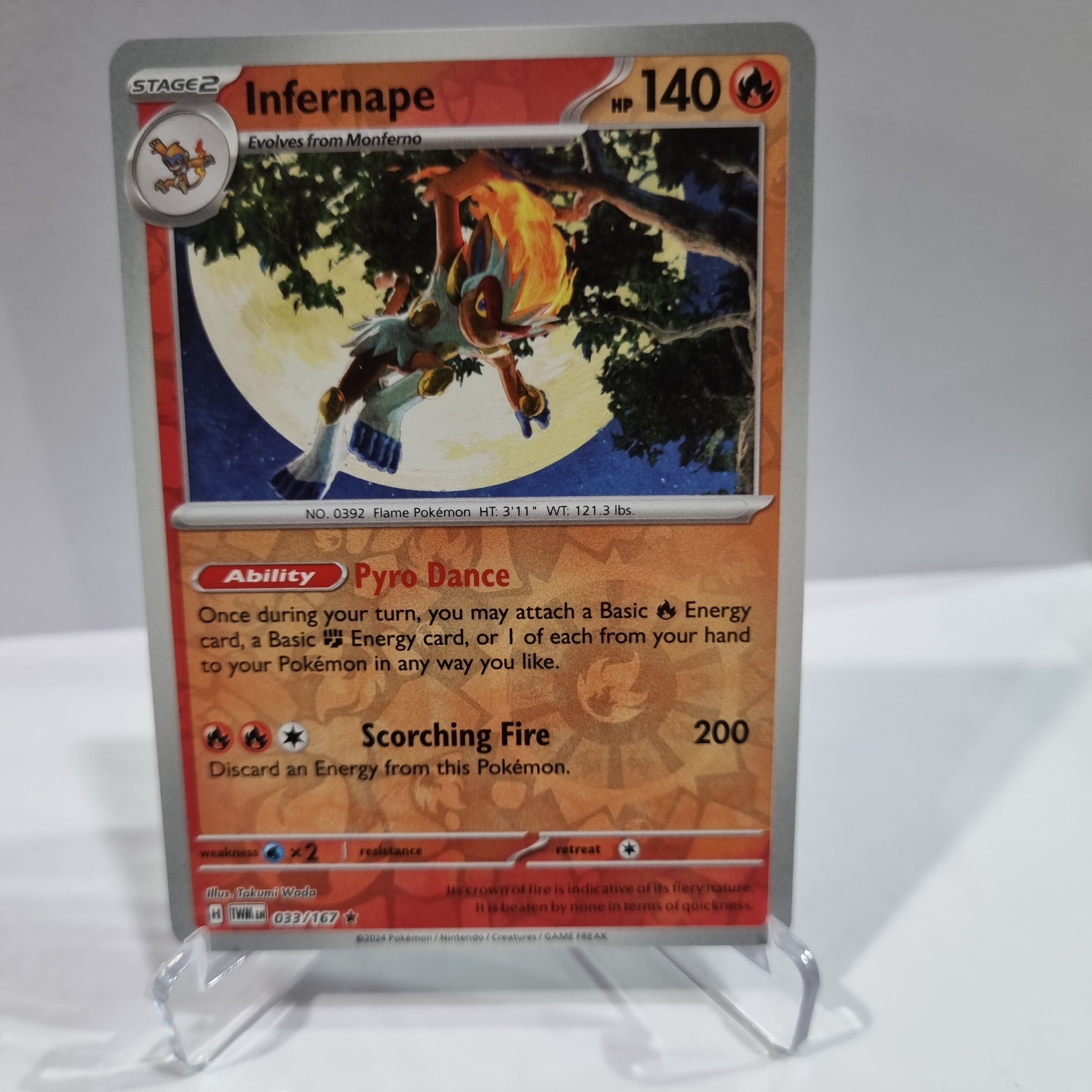 Pokemon TCG Scarlet & Violet expansion Twilight Masquerades. Infernape Reverse Holo card.