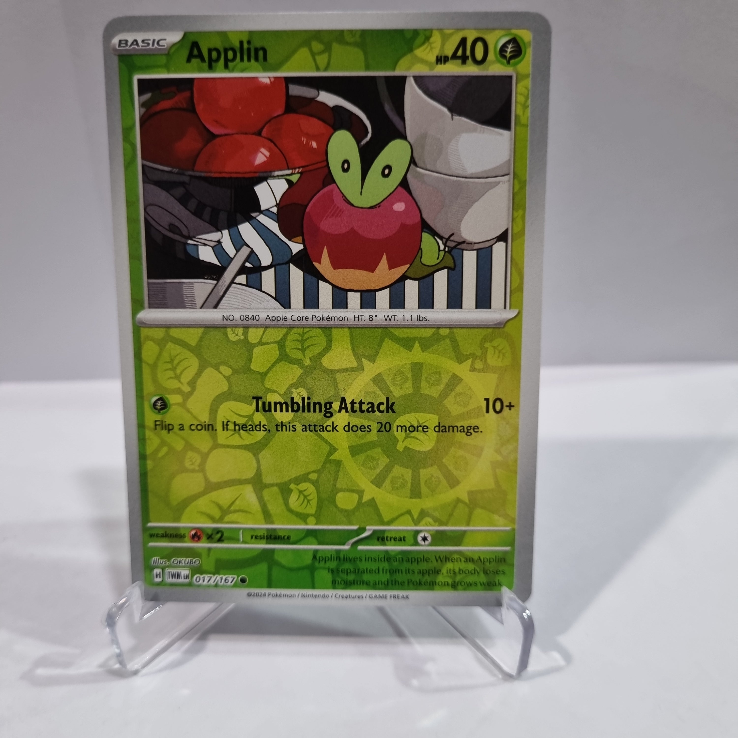 Pokemon TCG Scarlet & Violet expansion Twilight Masquerades. Applin Reverse Holo card.