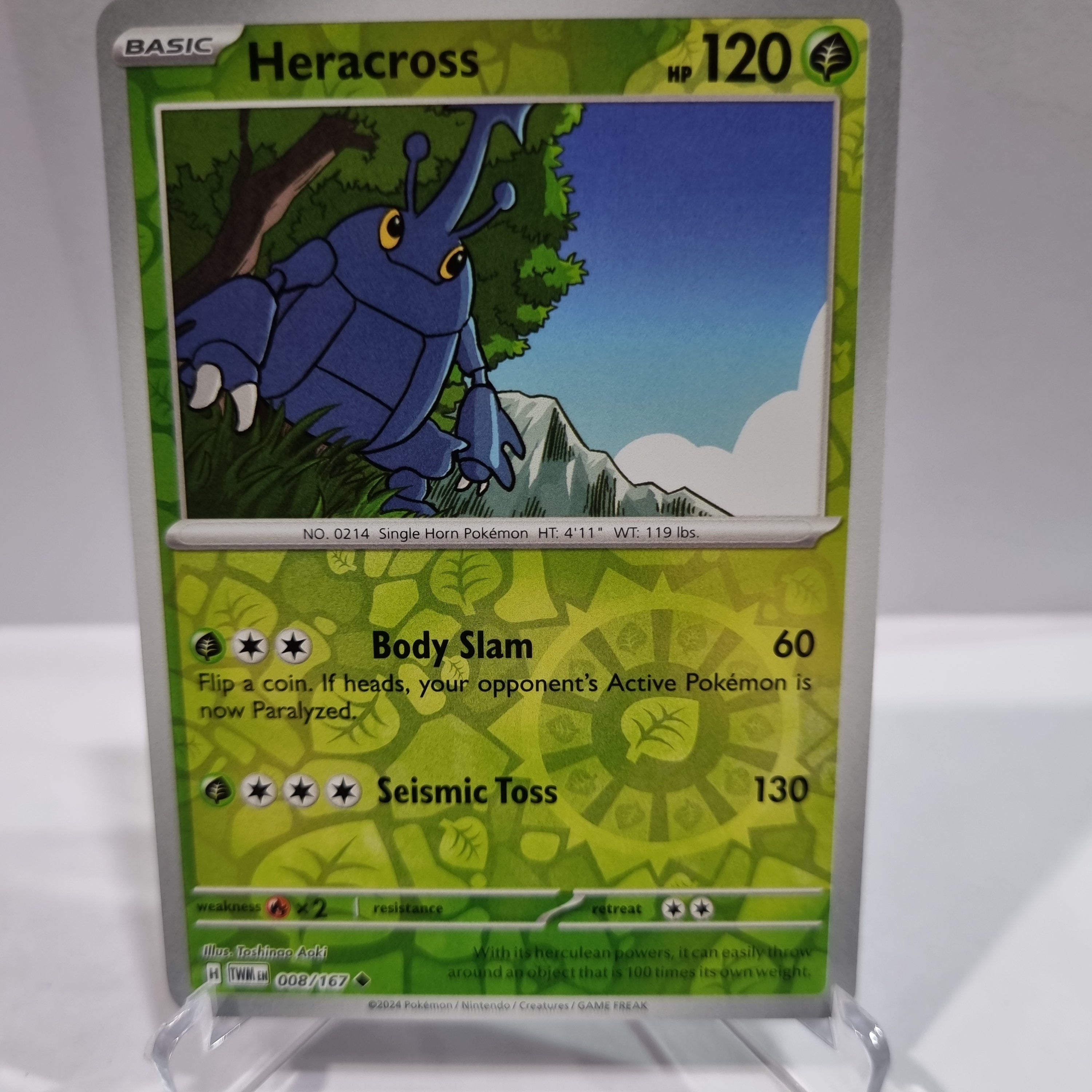 Pokemon TCG Scarlet & Violet expansion Twilight Masquerades. Heracross Reverse Holo card.