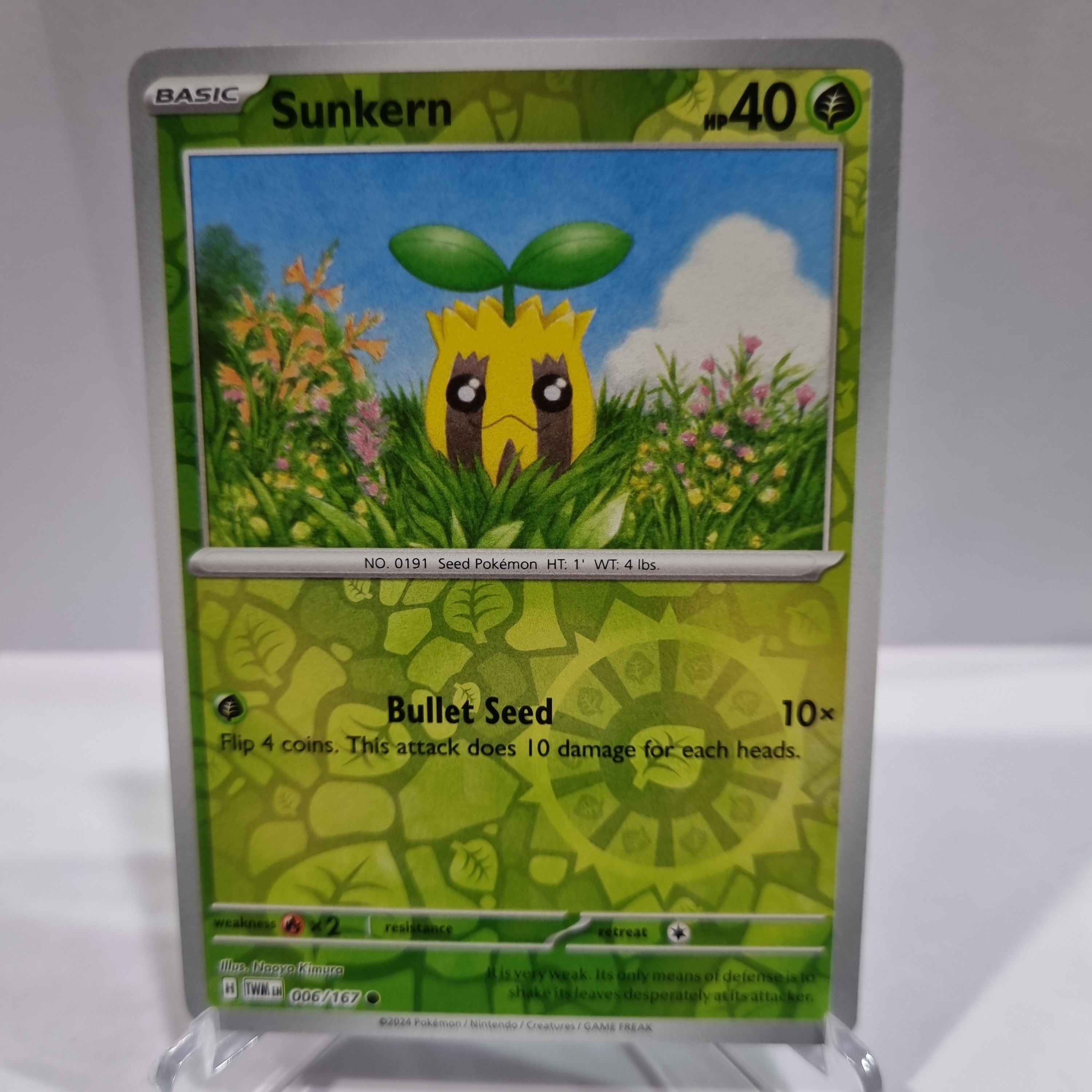 Pokemon TCG Scarlet & Violet expansion Twilight Masquerades. Sunkern Reverse Holo card.