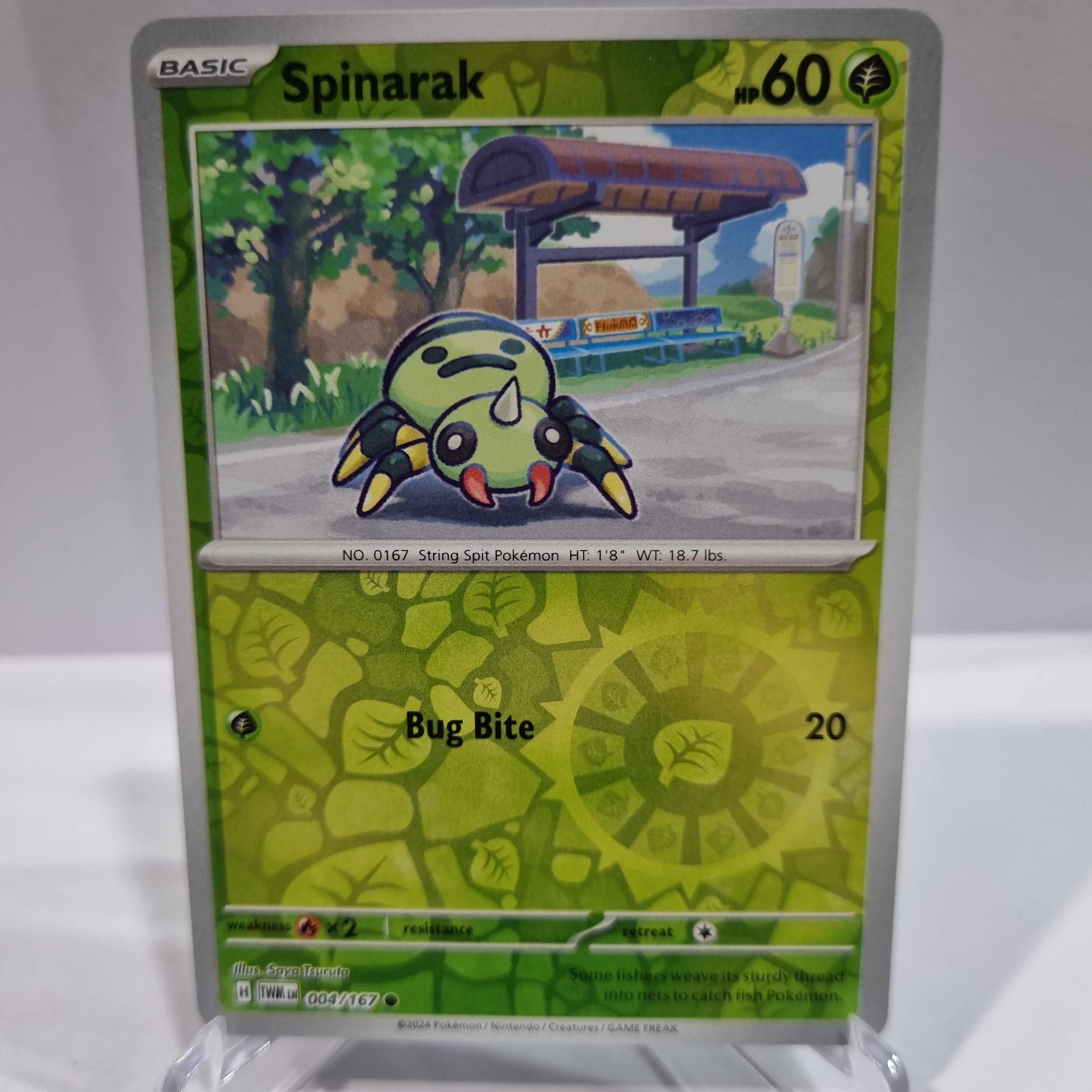 Pokemon TCG Scarlet & Violet expansion Twilight Masquerades. Spinarak Reverse Holo card.