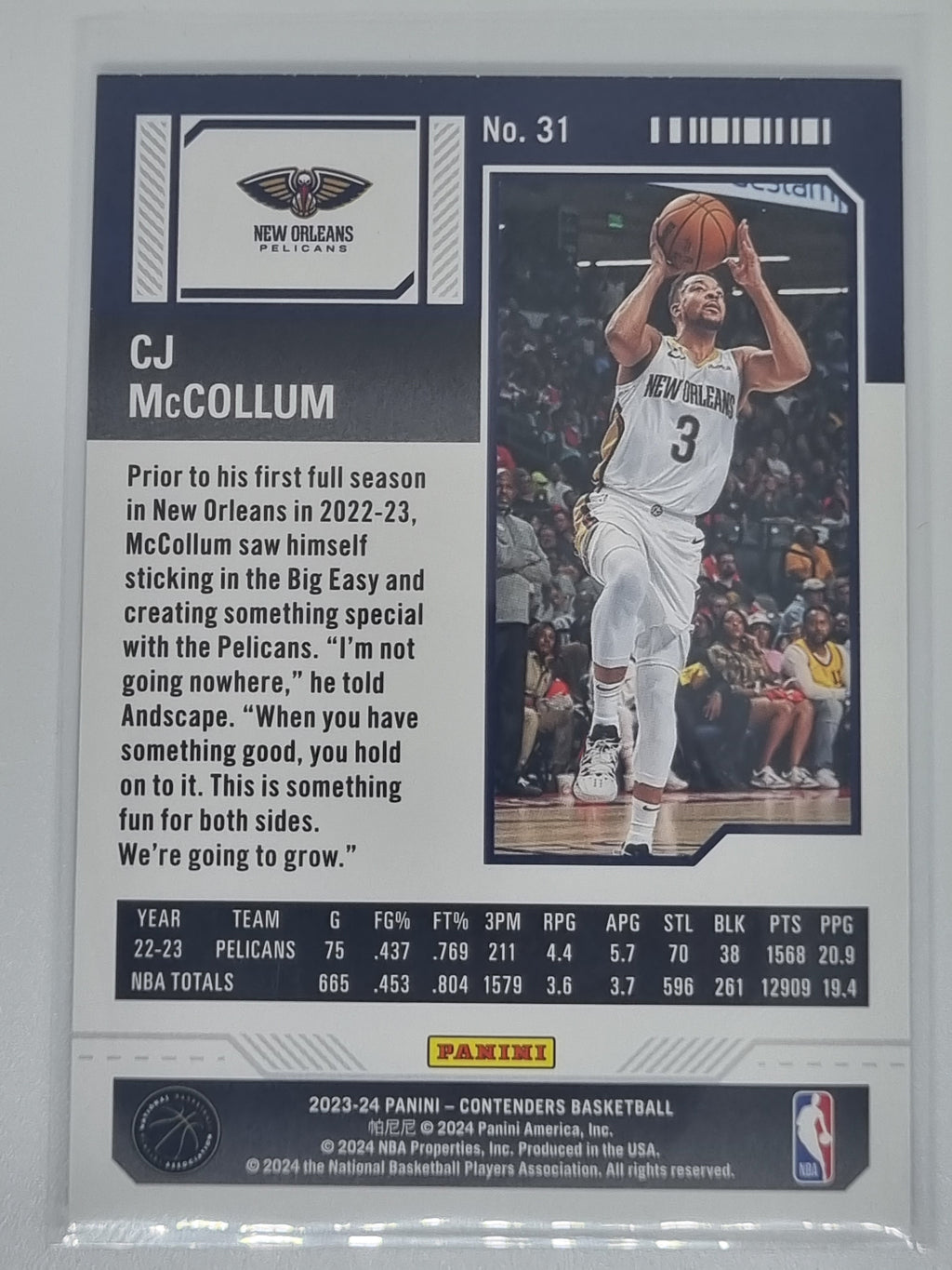 23-24 Panini Contenders Season Ticket Premium Edition #31 CJ McCollum Pelicans
